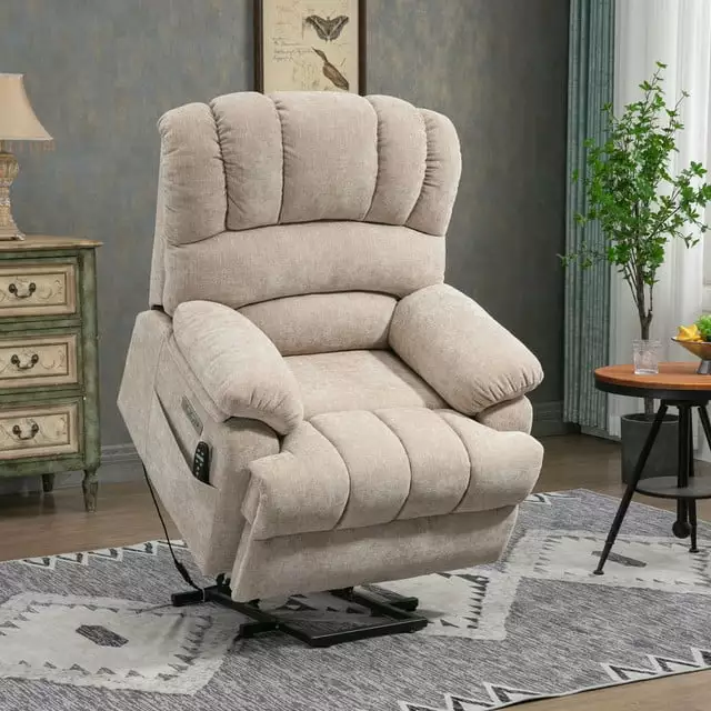 23 Seat Width High Back Large Size Beige Chenille Power Lift Recliner Chair Vibration Massage Lumbar Heating Electric Moto...