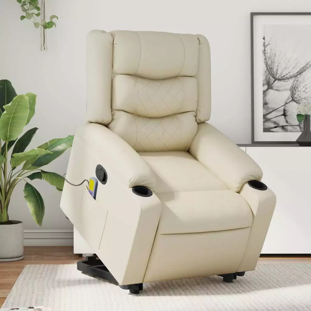 vidaXL Stand up Massage Recliner Chair Cream Faux Leather Comfortable Living Room Chair