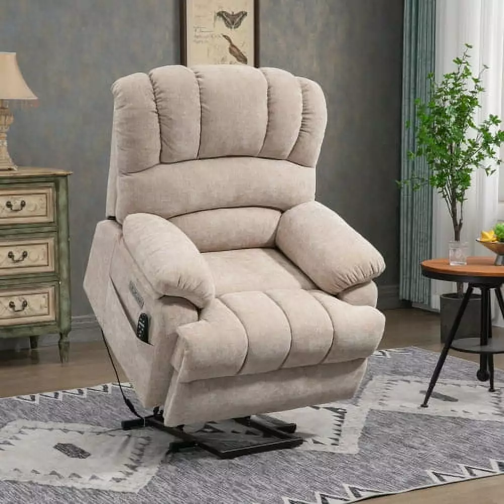 High Back Large Size Beige Chenille Power Lift Recliner 8-Point Vibration Massage and Lumbar Heating Hypeshops