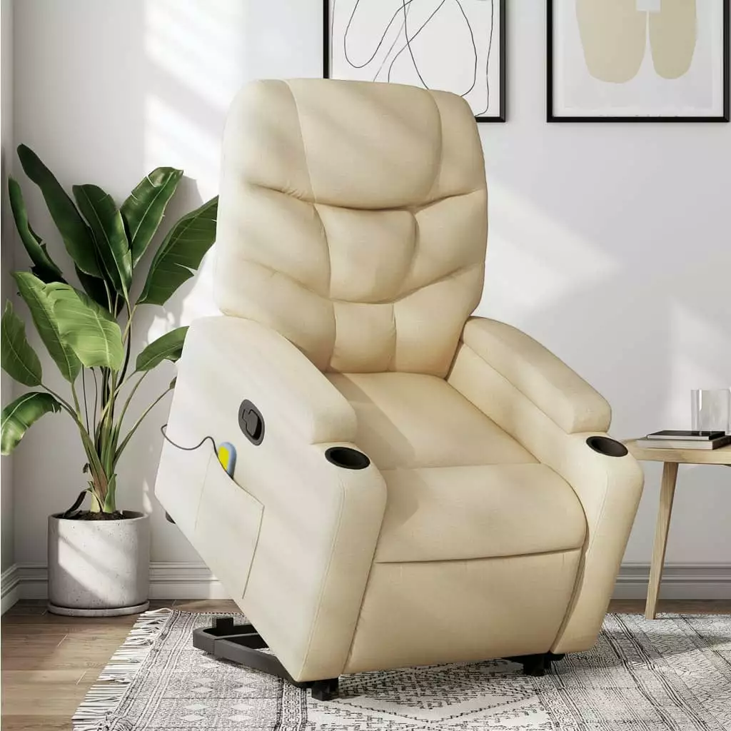 vidaXL Stand up Massage Recliner Chair Cream Fabric Easy Lift Mechanism