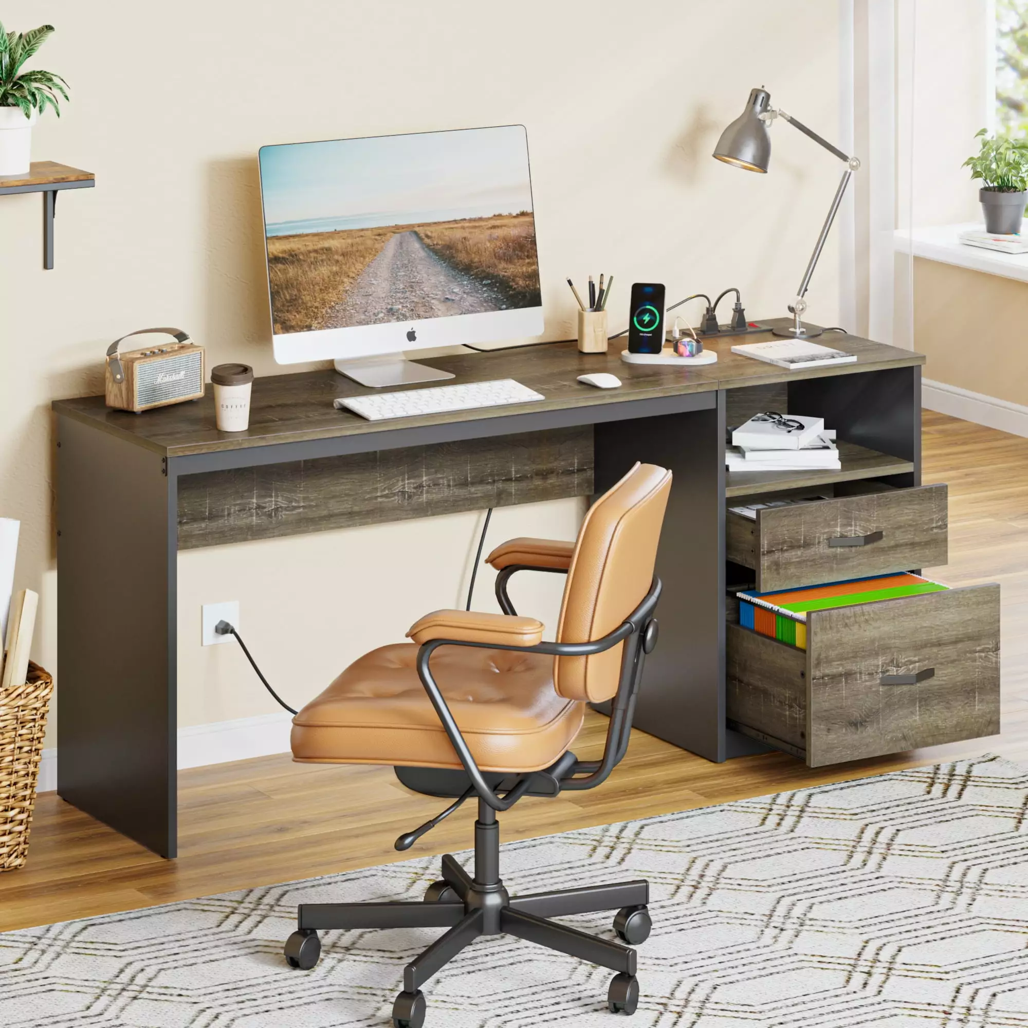 Bestier 60 Office Desk Lift Top Desk Computer Desk Drawers Power Outlet Large Workstation Gray
