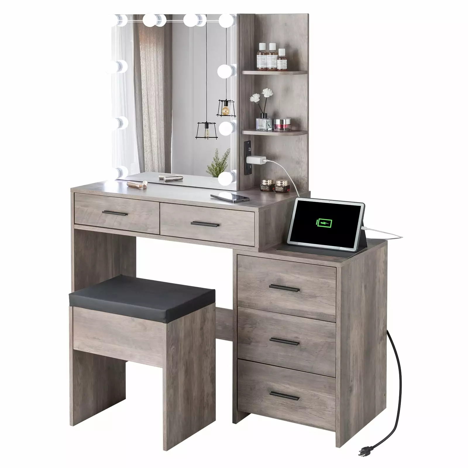 GoDecor 3 Color Lighted Vanity Set Sliding Lighted Mirror and Charging Station Retro Gray FCH