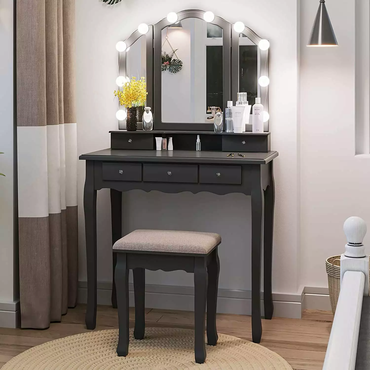 Makeup Vanity Set Lighted Tri-Folding Mirror - 5 Drawers Dressing Table 10 LED Bulbs & 3 Color Modes - Includes Cushioned ...