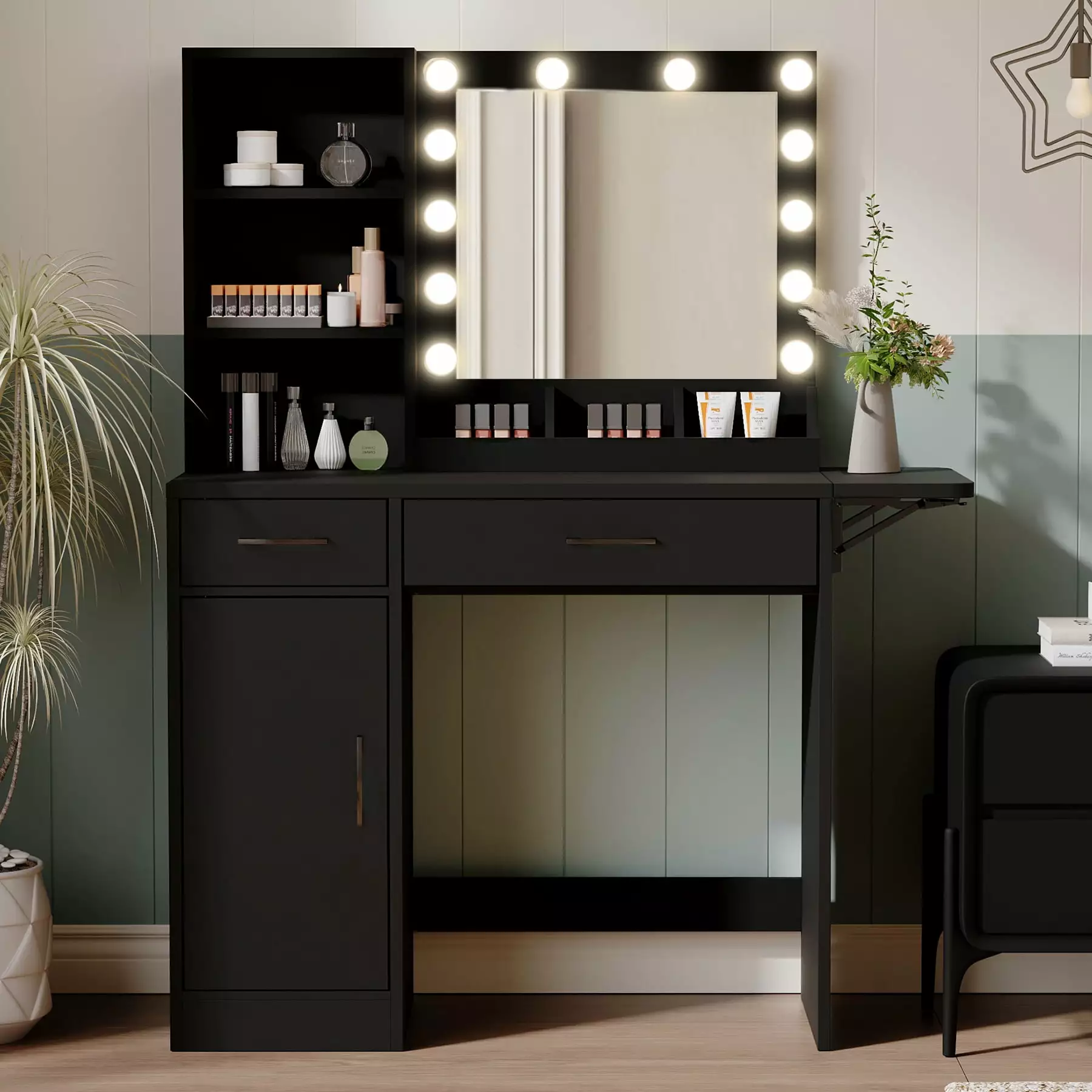 Sesslife Makeup Vanity Lighted Mirror - Vanity Desk Drawers & Shelves - Girls Women Beauty Dressing Table - Black
