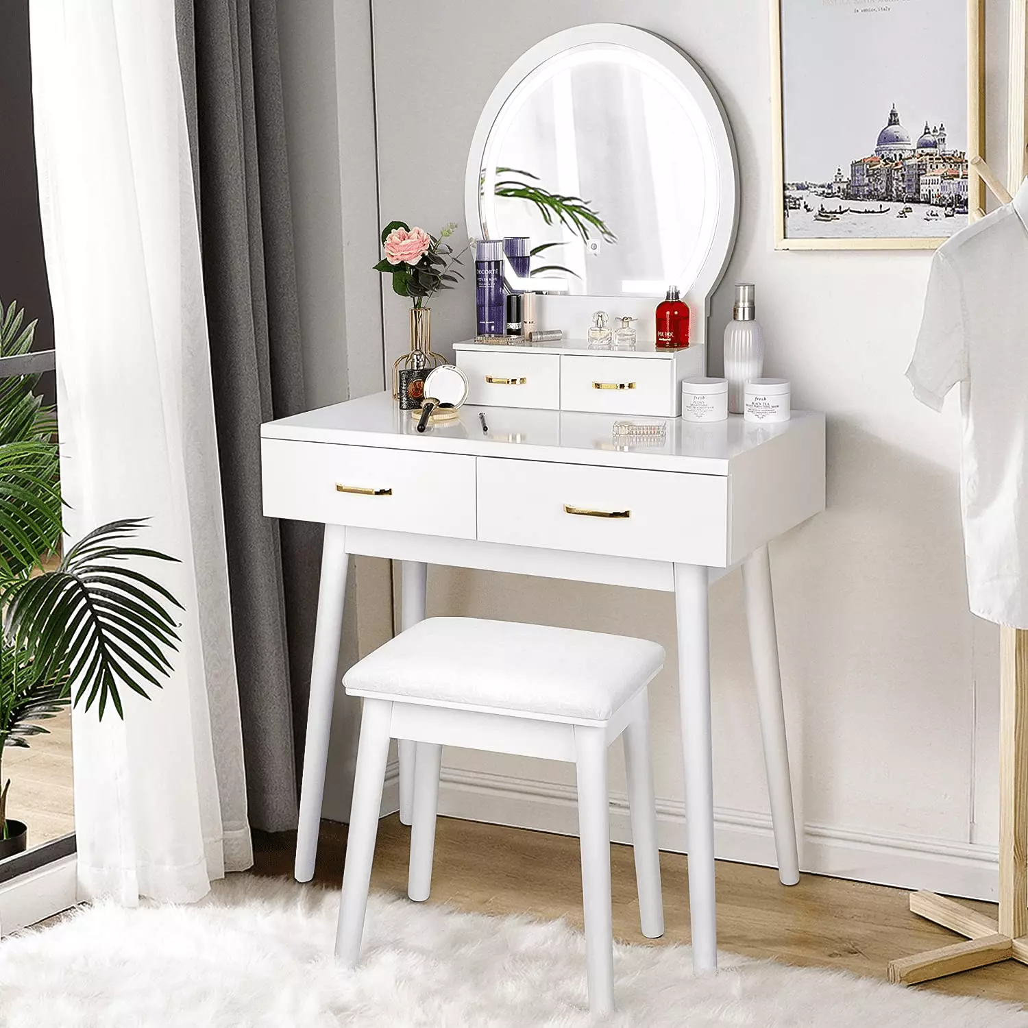 RichYa Modern Vanity Desk Lighted Mirror Adjustable Brightness Soft Cushioned Stool 4 Drawers White