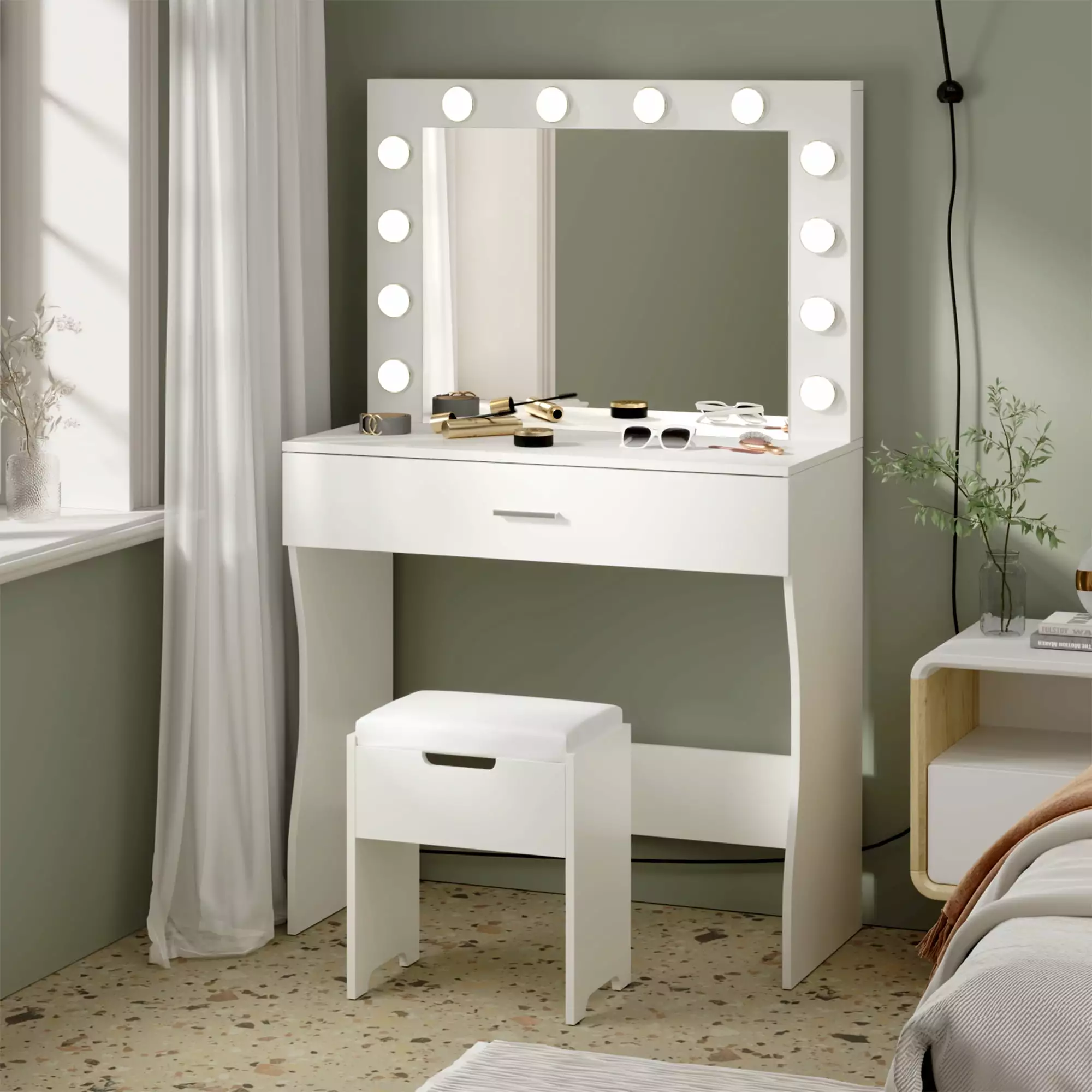 VEANERWOOD Vanity Table Set Lighted Mirror Makeup Vanity Lights Adjustable Brightness Large Drawer Sturdy Wood Vanity White