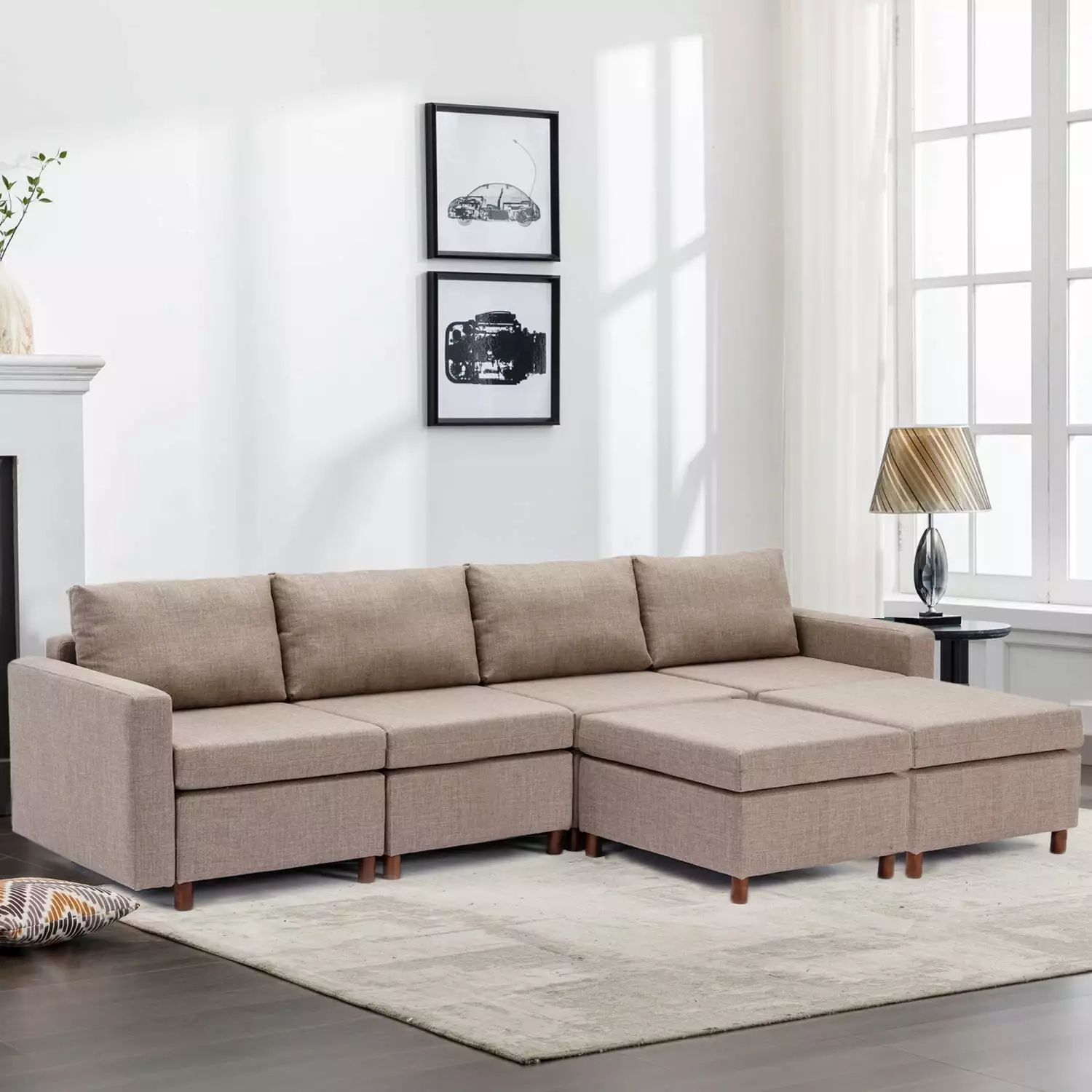 Brown 4-Seat Linen Sectional Sofa 2 Ottomans and Robust Rubberwood Frame Ponnky