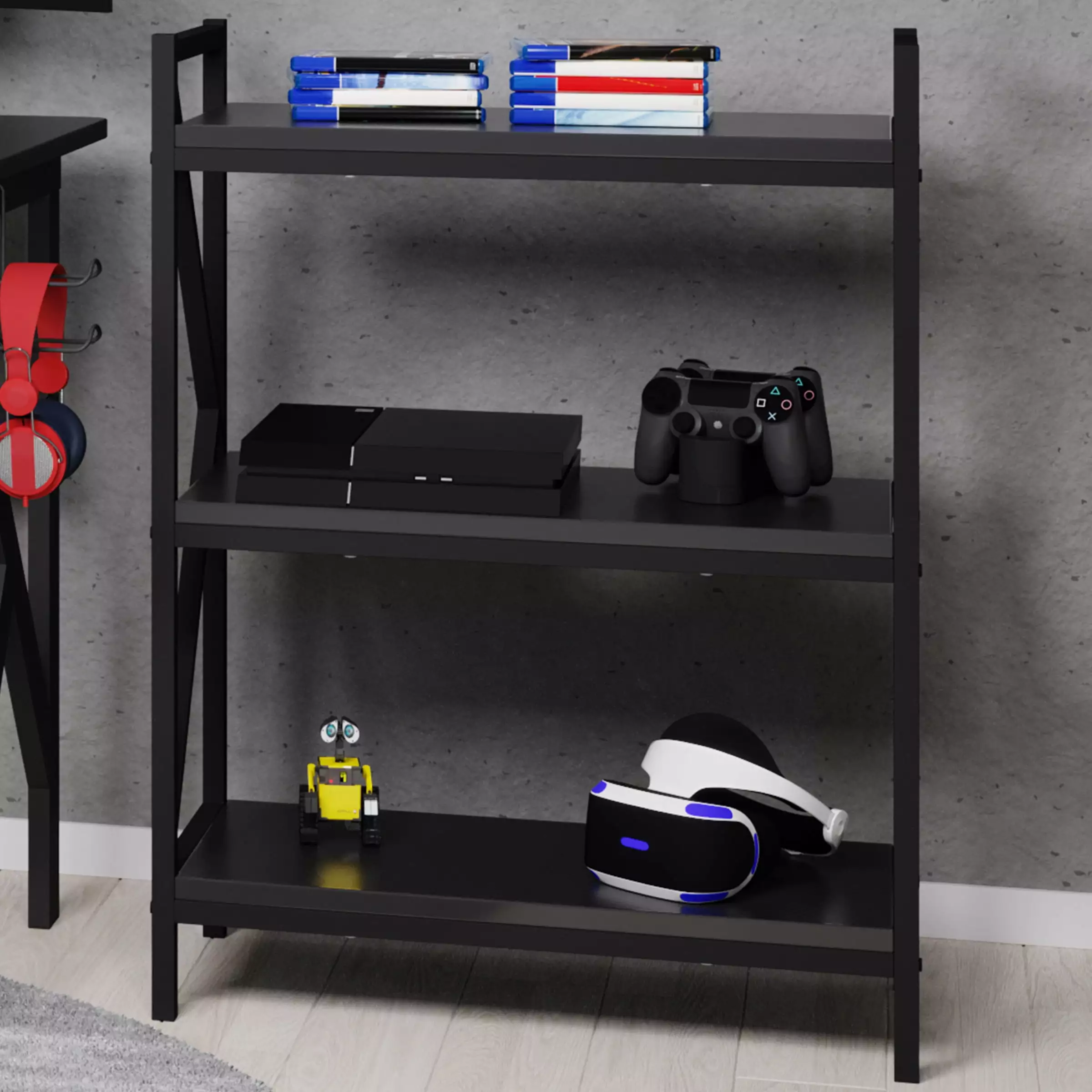 3 Shelf Bookcase Console Table Carbon Fiber Texture Black Lavish Home