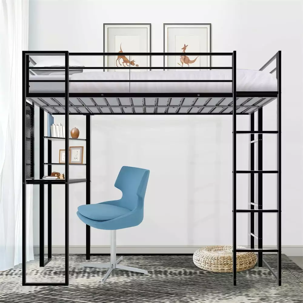 Twin Size Loft Bed Desk and Shelves Metal Loft Bed 2 Built- Ladders Full-length Guardrail Hold up to 200lbs Noise Free 79....