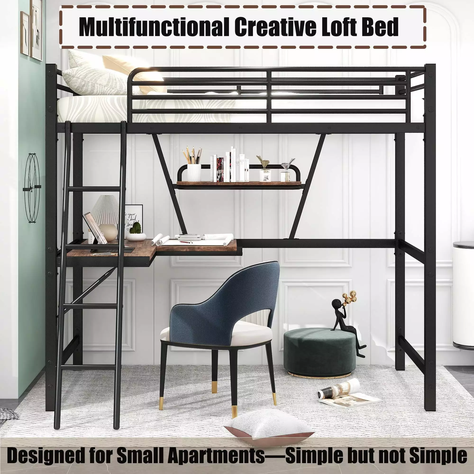 BELLEMAVE Twin Size Loft Bed Built- Desk and Shelf Heavy Duty Metal Loft Bed Ladder and Guardrail Kids Teens Adults Black