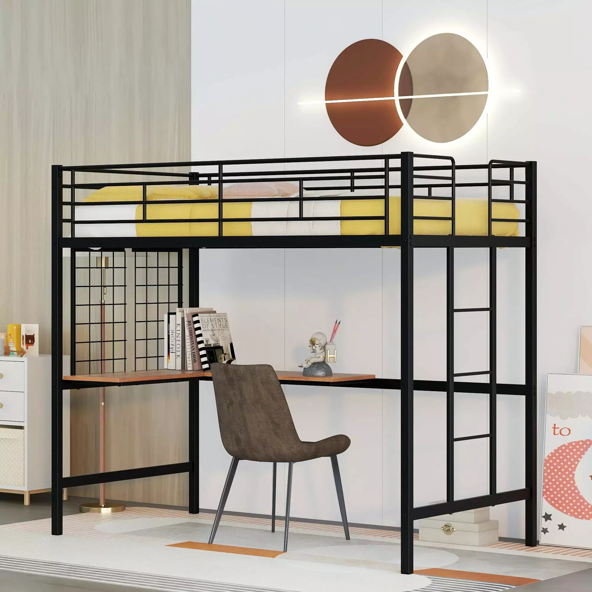 DreamBuck Twin Size Loft Bed Desk and Metal Grid - Black High Loft Bed Frame Teens Adults