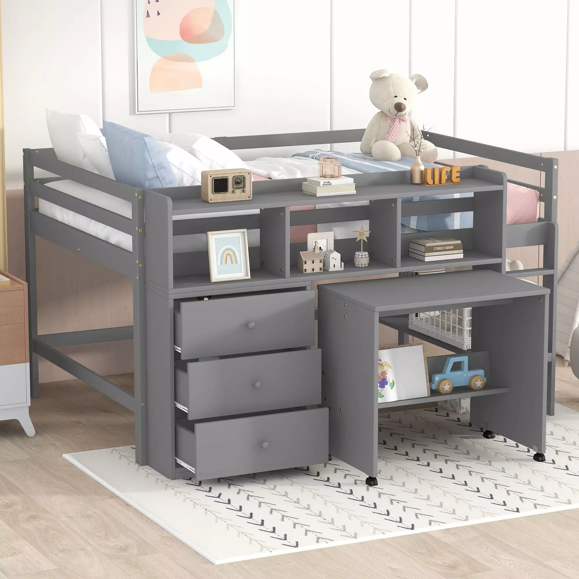 Euroco Full Size Wood Loft Bed Desk Drawers and Shelf Kids Room Gray