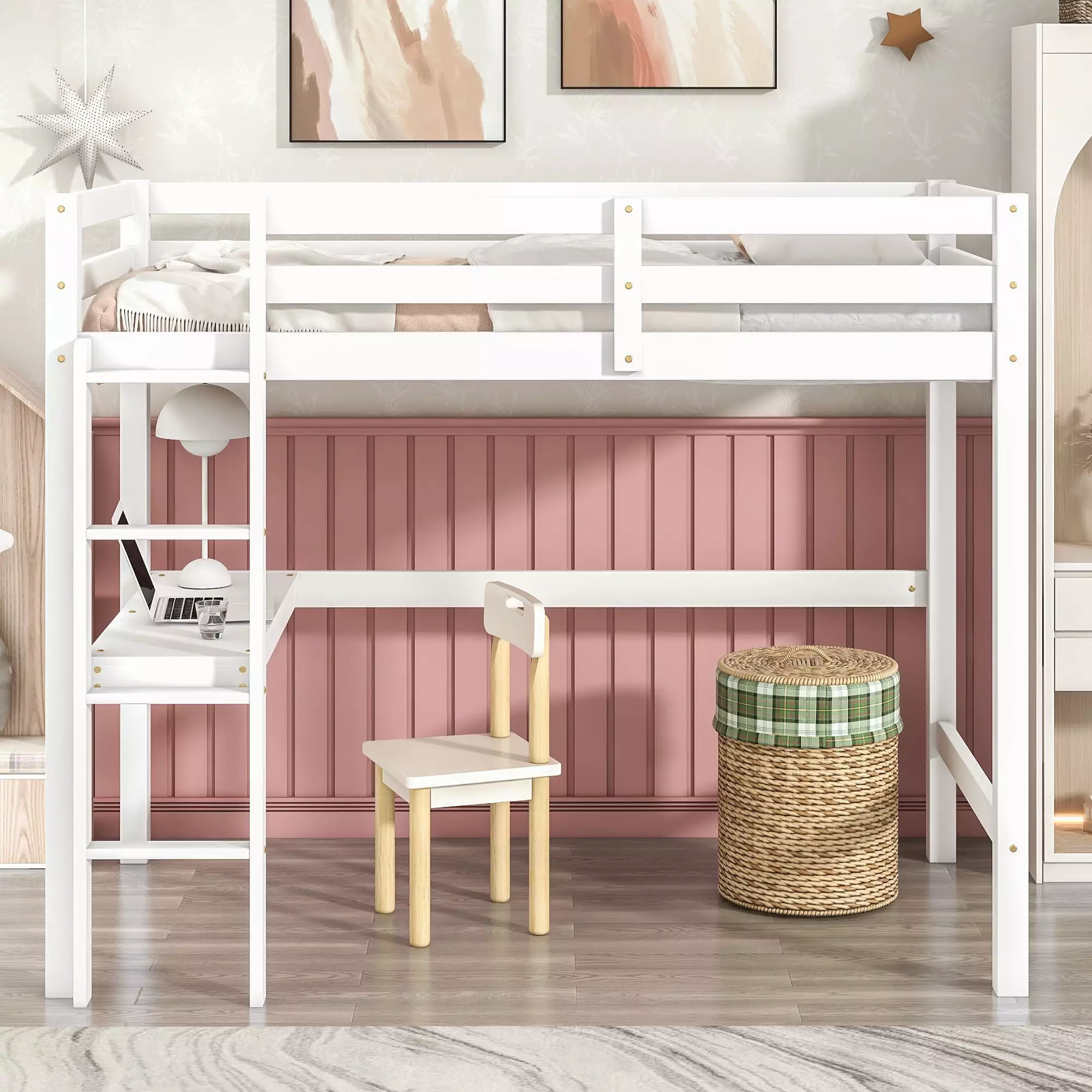 iRerts Twin Loft Bed Frame Desk Kids Boys Girls Modern Wood Loft Bed No Box Spring Needed White