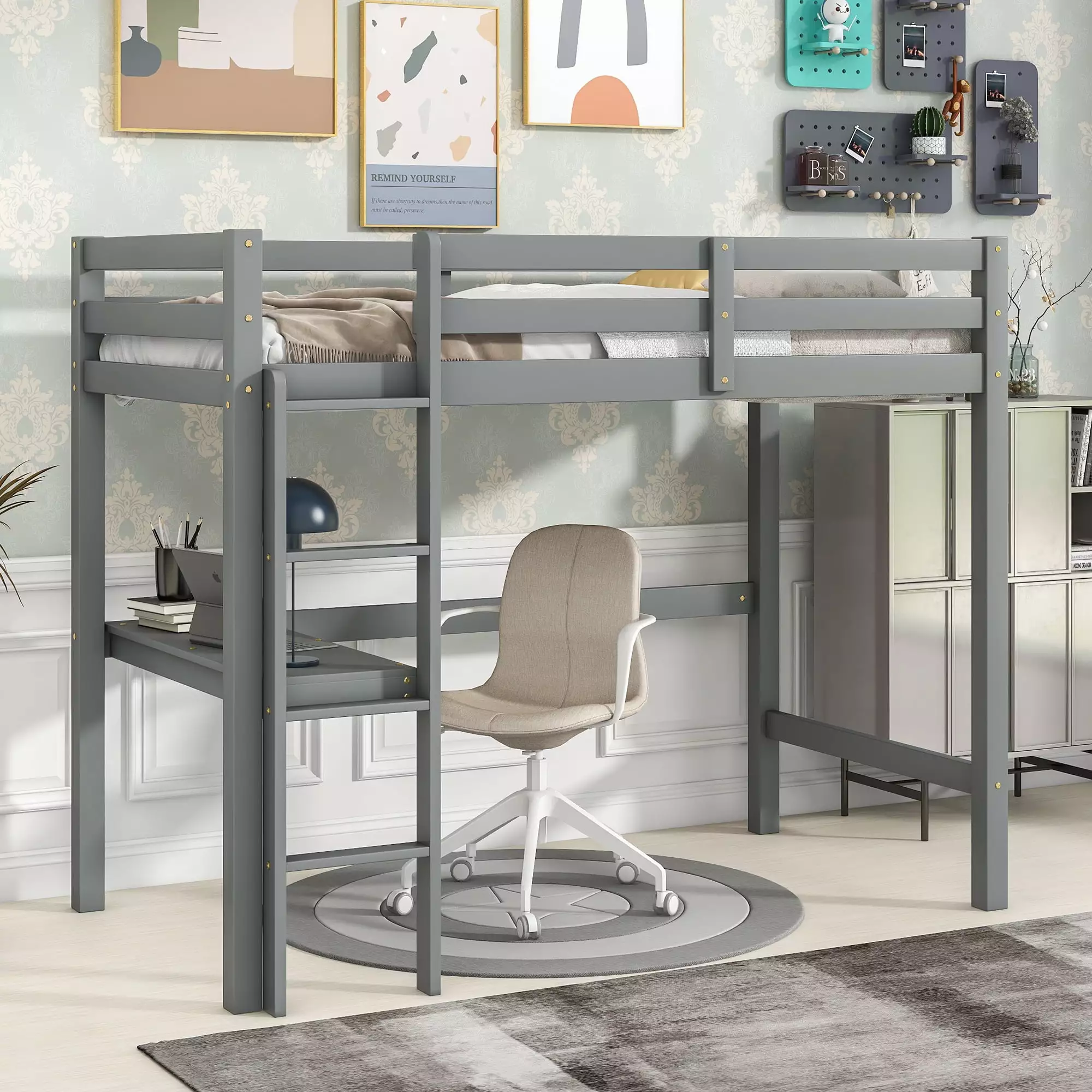 iRerts Wooden Loft Bed Desk Twin Frame Kids Boys Girls Modern Loft Bed No Box Spring Needed Grey