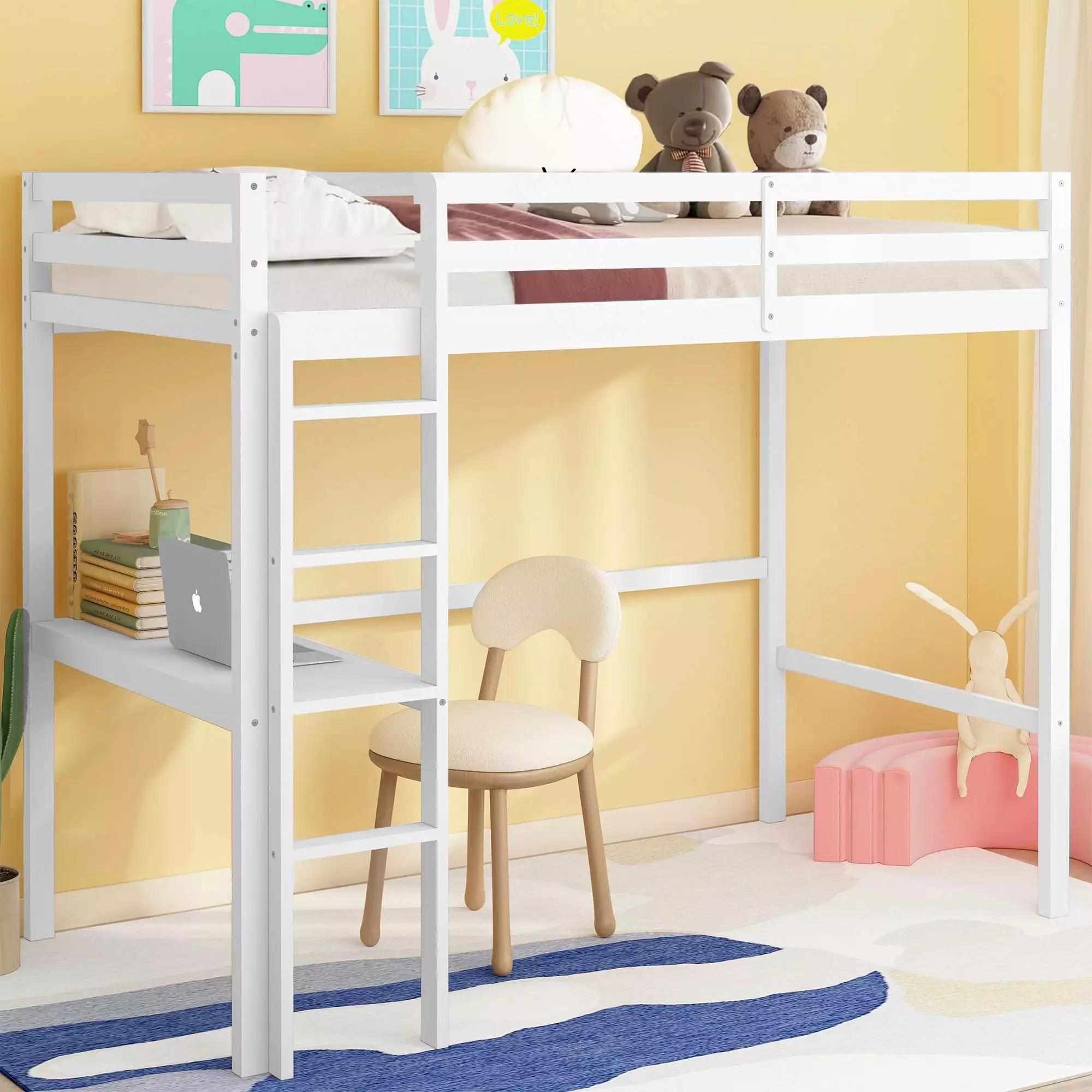 SYNGAR Twin Loft Bed Desk Wooden Loft Bed Large Under Bed Storage Space Space-Saving Bed Frame Vertical Ladder White