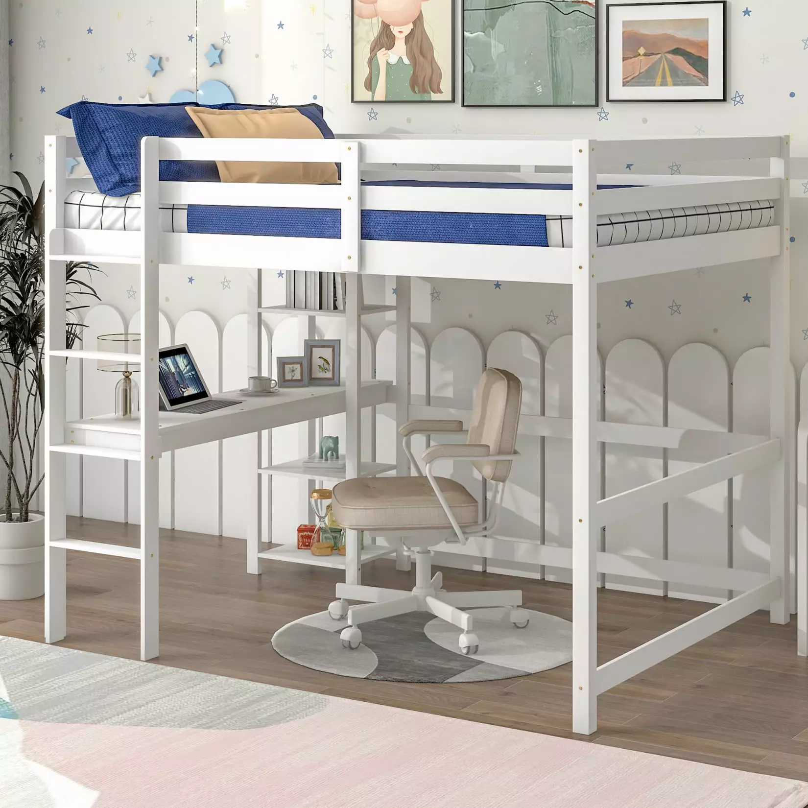 Full Size Wooden Loft Bed Built- Desk and Shelves Kids Teens Youths Triple Tree