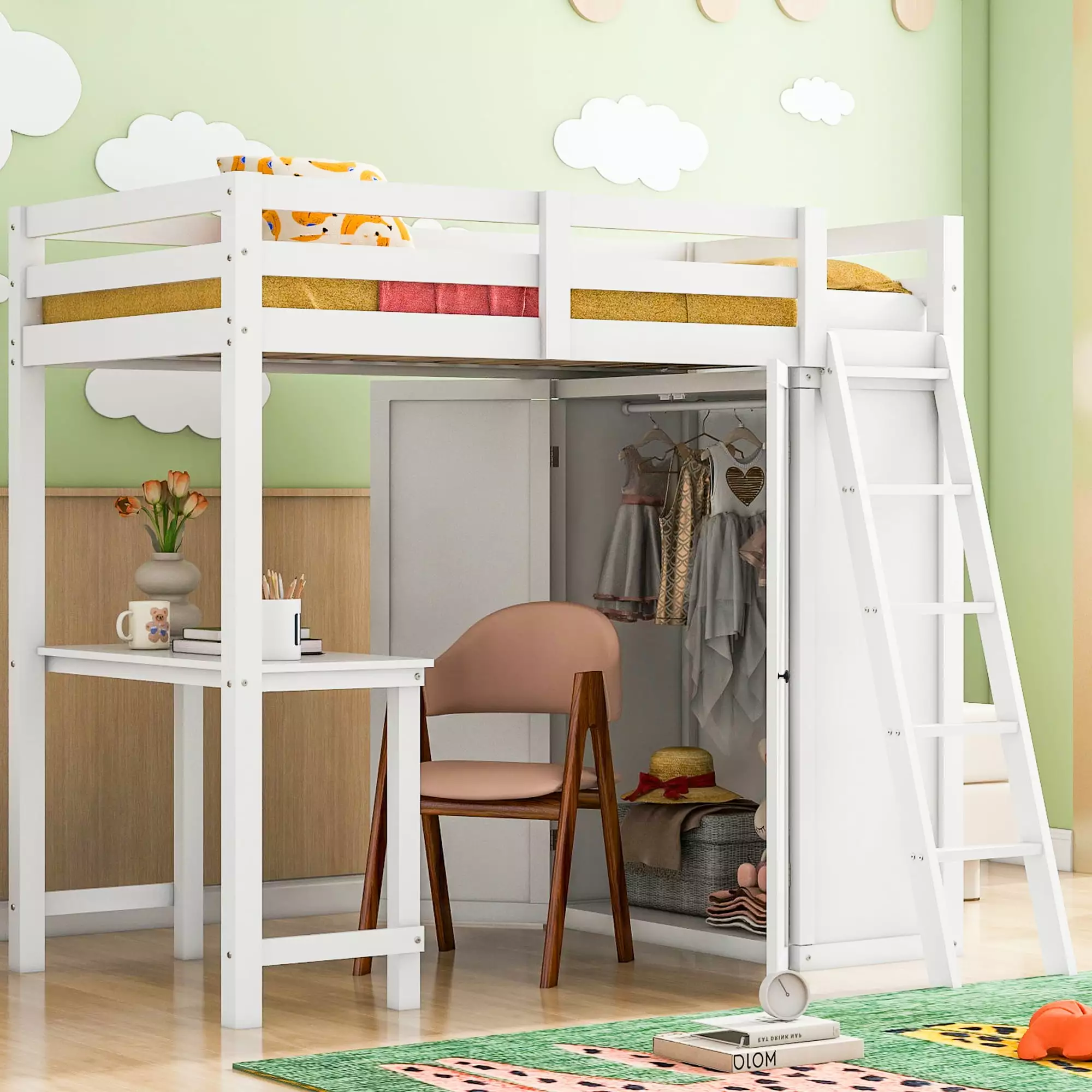 Bellemave Twin Loft Bed Built- Desk and Wardrobe Space Saving Wooden Loft Bed Gray