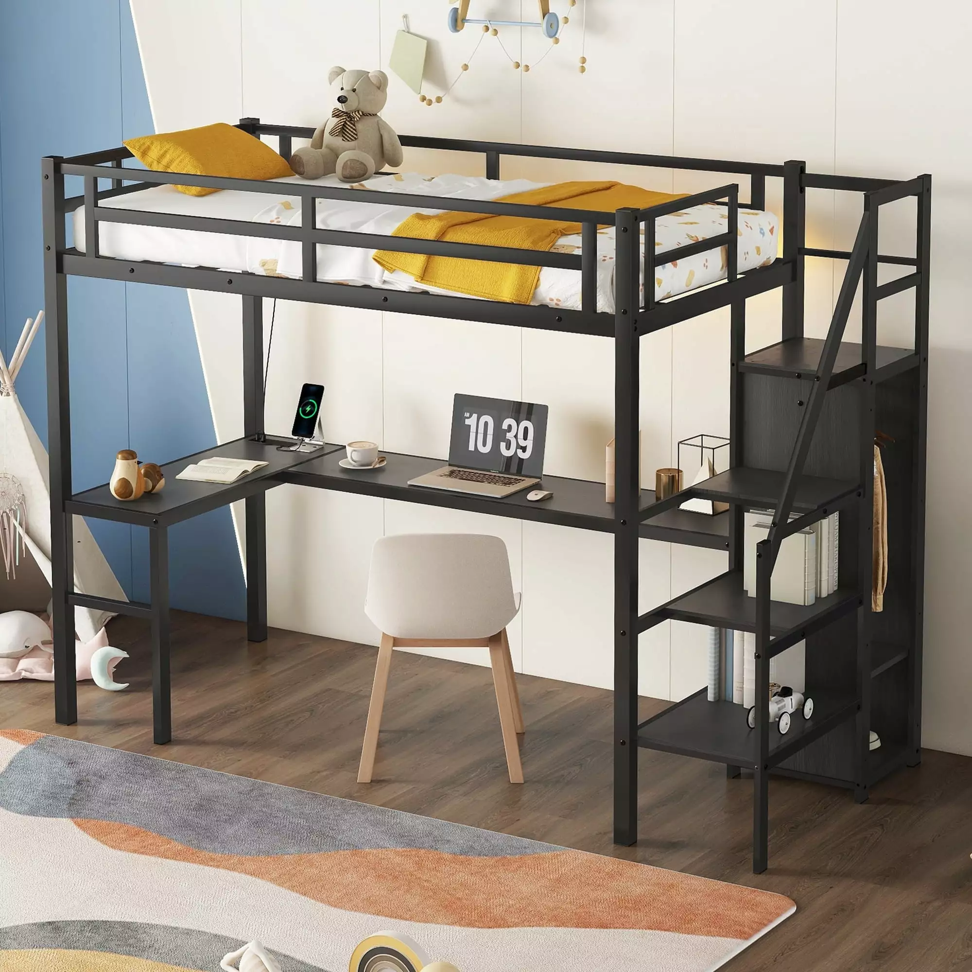 Bellemave Twin XL Loft Bed Desk Storage Stairs Wardrobe and Charging Station Black