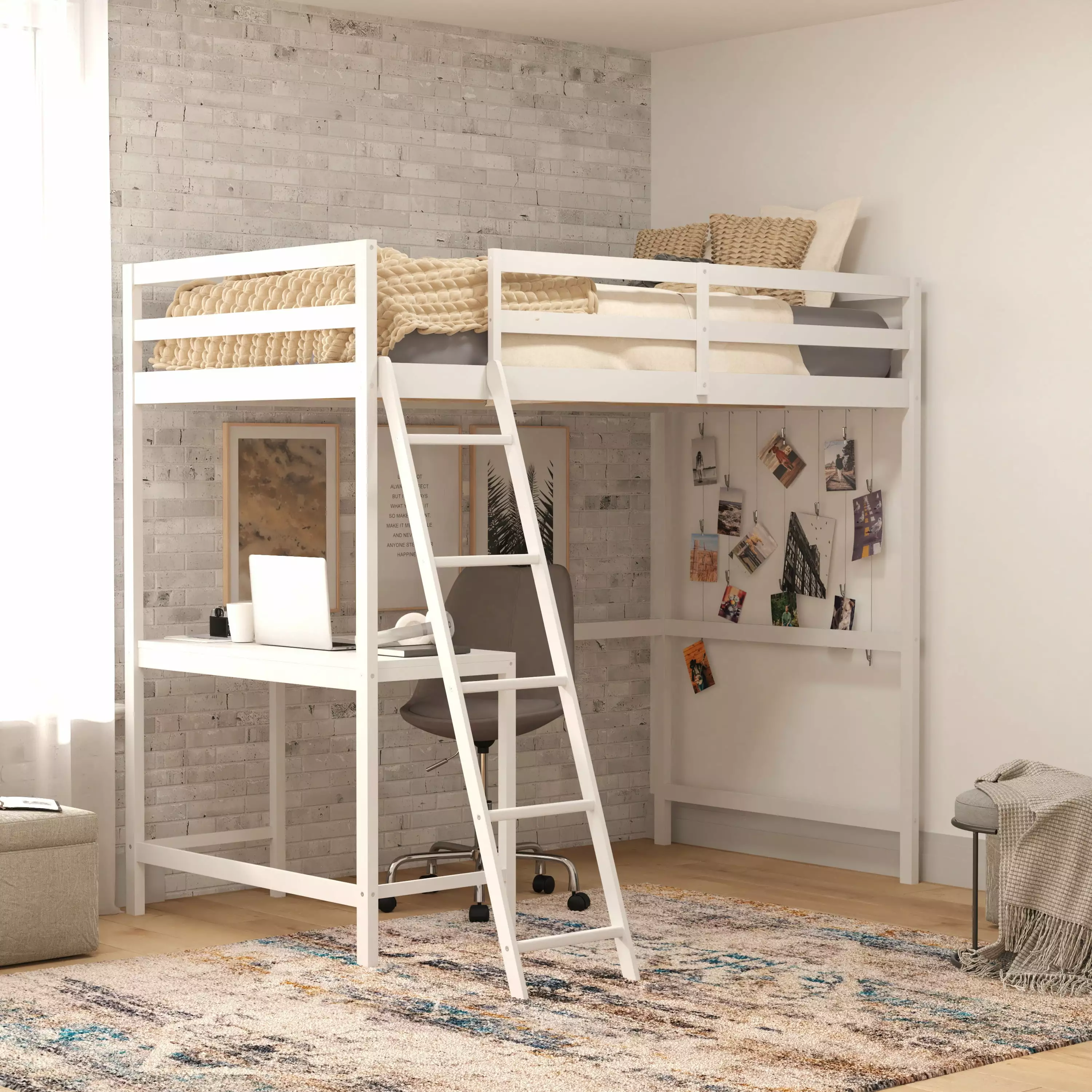 BizChair Twin Size Wooden Loft Bed Frame Desk Protective Guard Rails and Ladder White