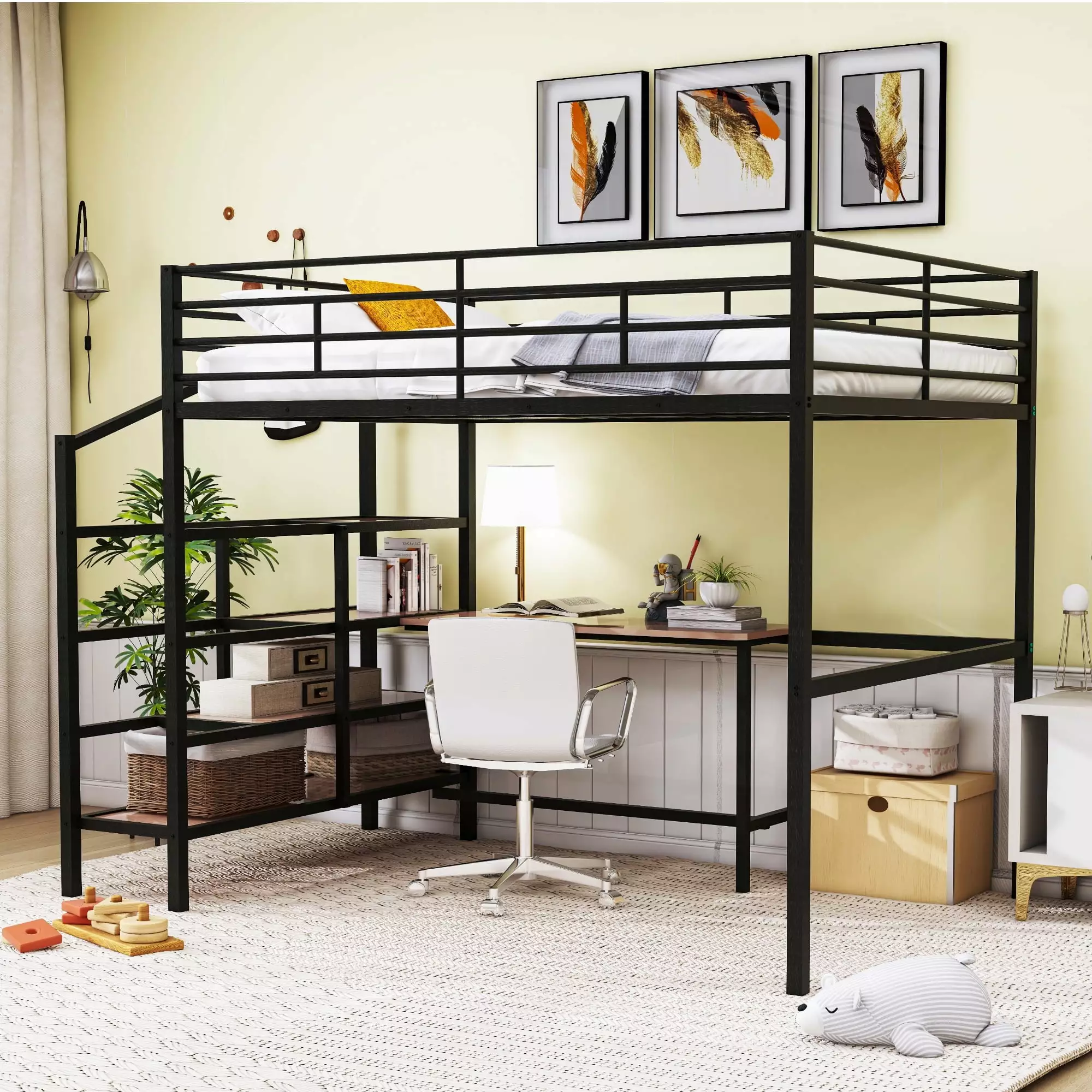 DreamBuck Full Size Loft Bed Desk and Staircase Metal Loft Bed Teens Boys Girls