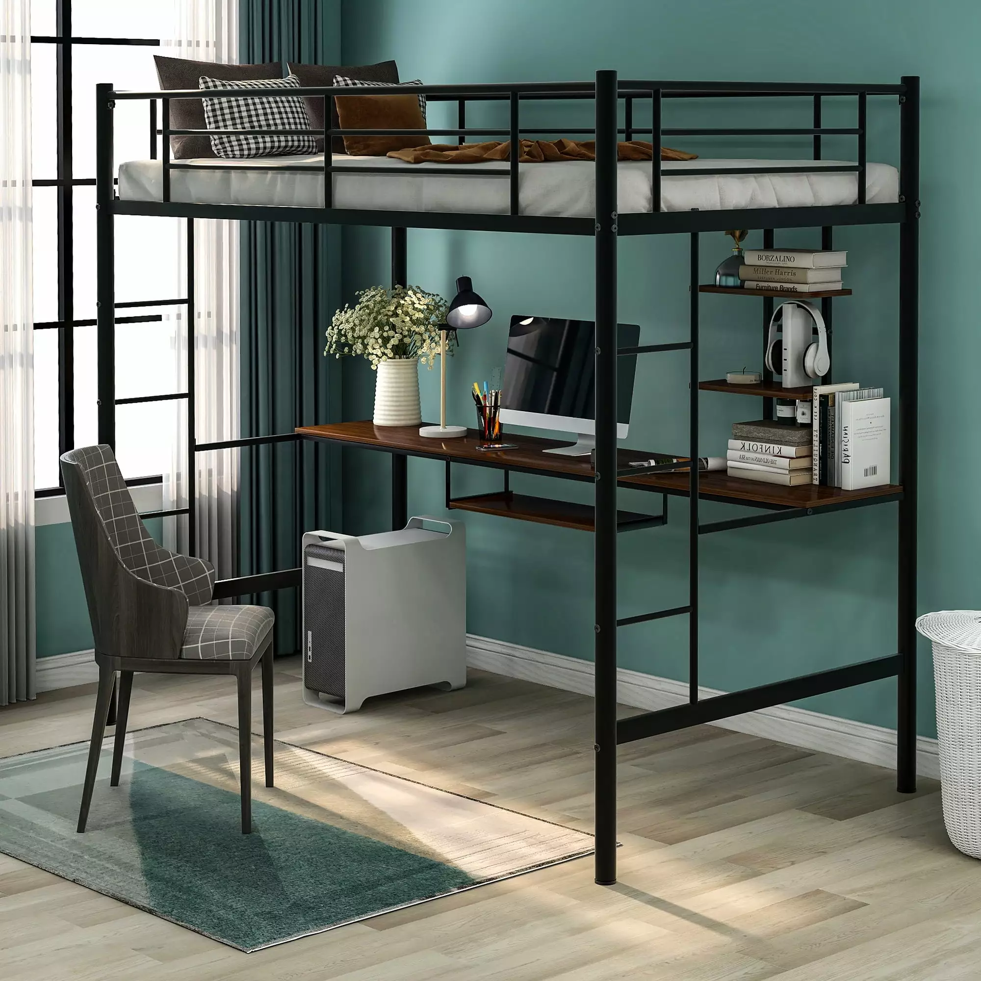 Euroco Twin Loft Bed Desk and Shelf Heavy Duty Metal Bed Frame Rustic Wood Desk