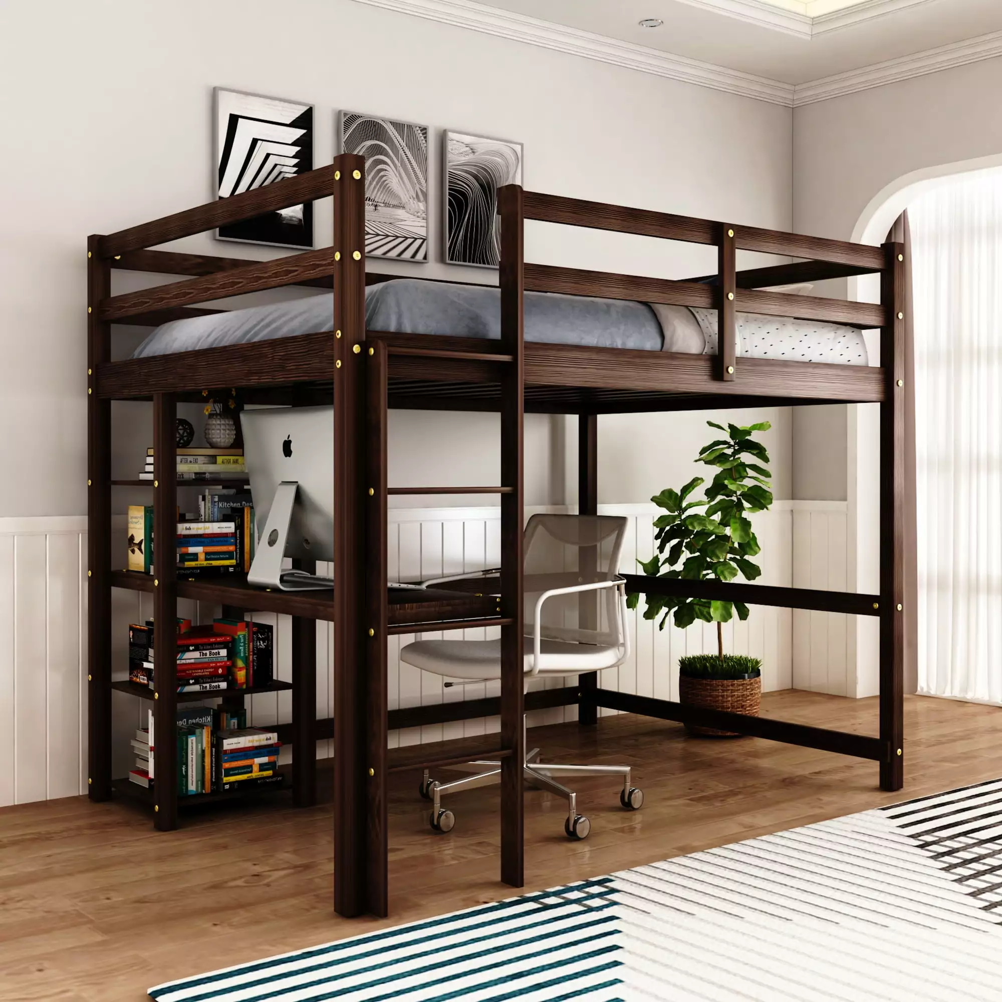 Wood Loft Bed Desk Full Size Loft Bed 4-Storage Shelves and Under-Bed Desk Solid Wood Bed FSTAR