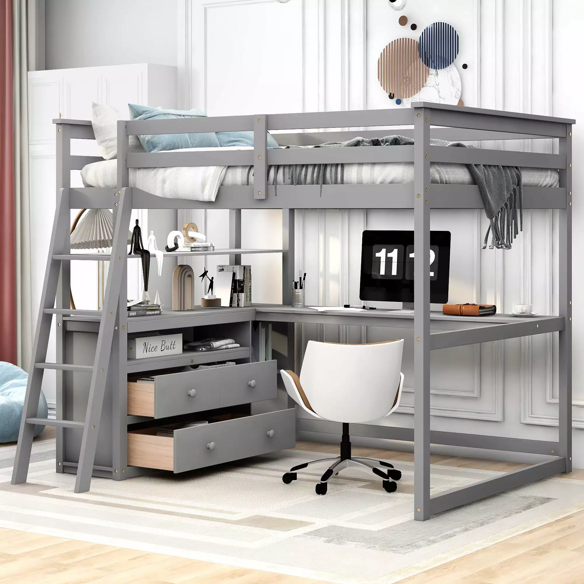 Full Size Loft Bed Desk and Shelves Two Built- Drawers Gray 416AAE Miekor