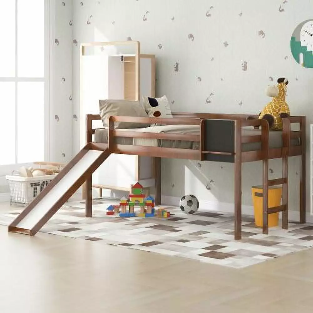 Twin Size Loft Bed Wood Bed Slide Stair Chalkboard and Protectty Guardrail Children Teens Girls Boys Bedroom Living Room F...