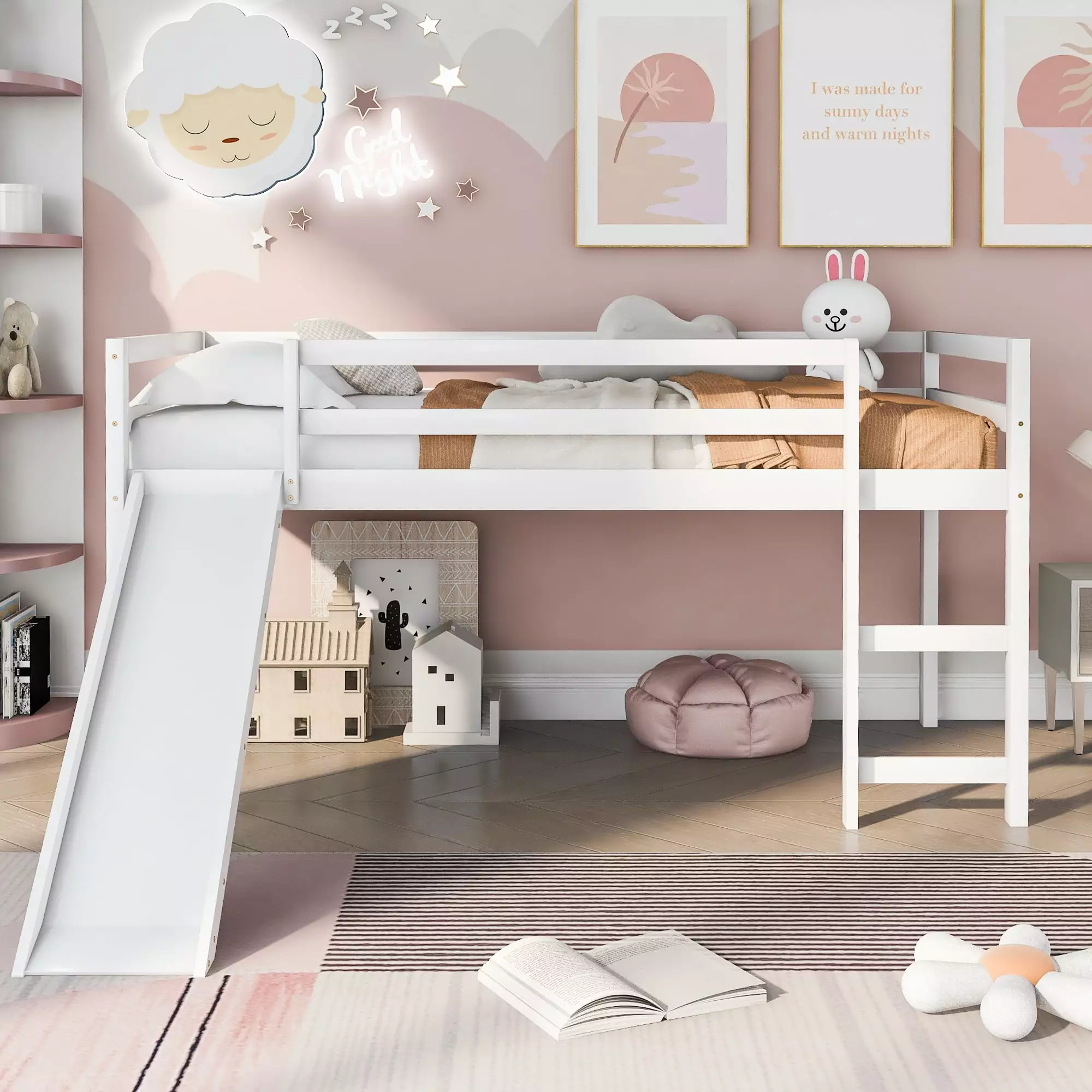 Gewnee Twin Size Loft Bed Slide Pine Wood Low Loft Bed Ladder Kid's Bedroom White
