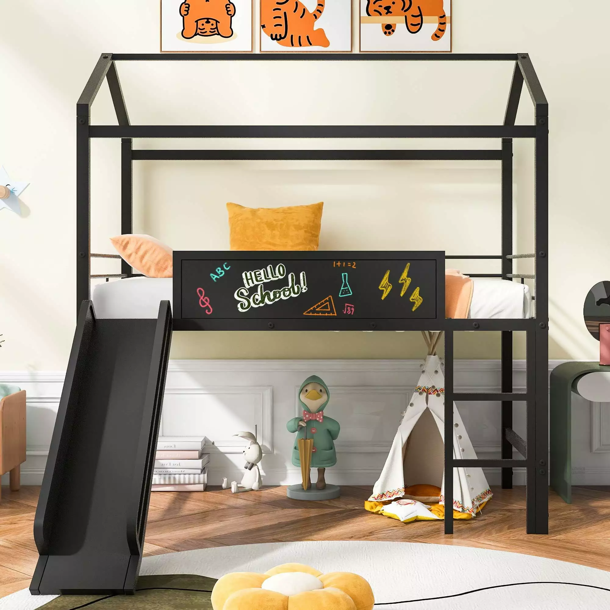 Twin Houtilize Loft Bed Slide Metal Houtilize Loft Bed Roof Design and Protectty Guardrails Low Loft Bed Two-Sided Writabl...