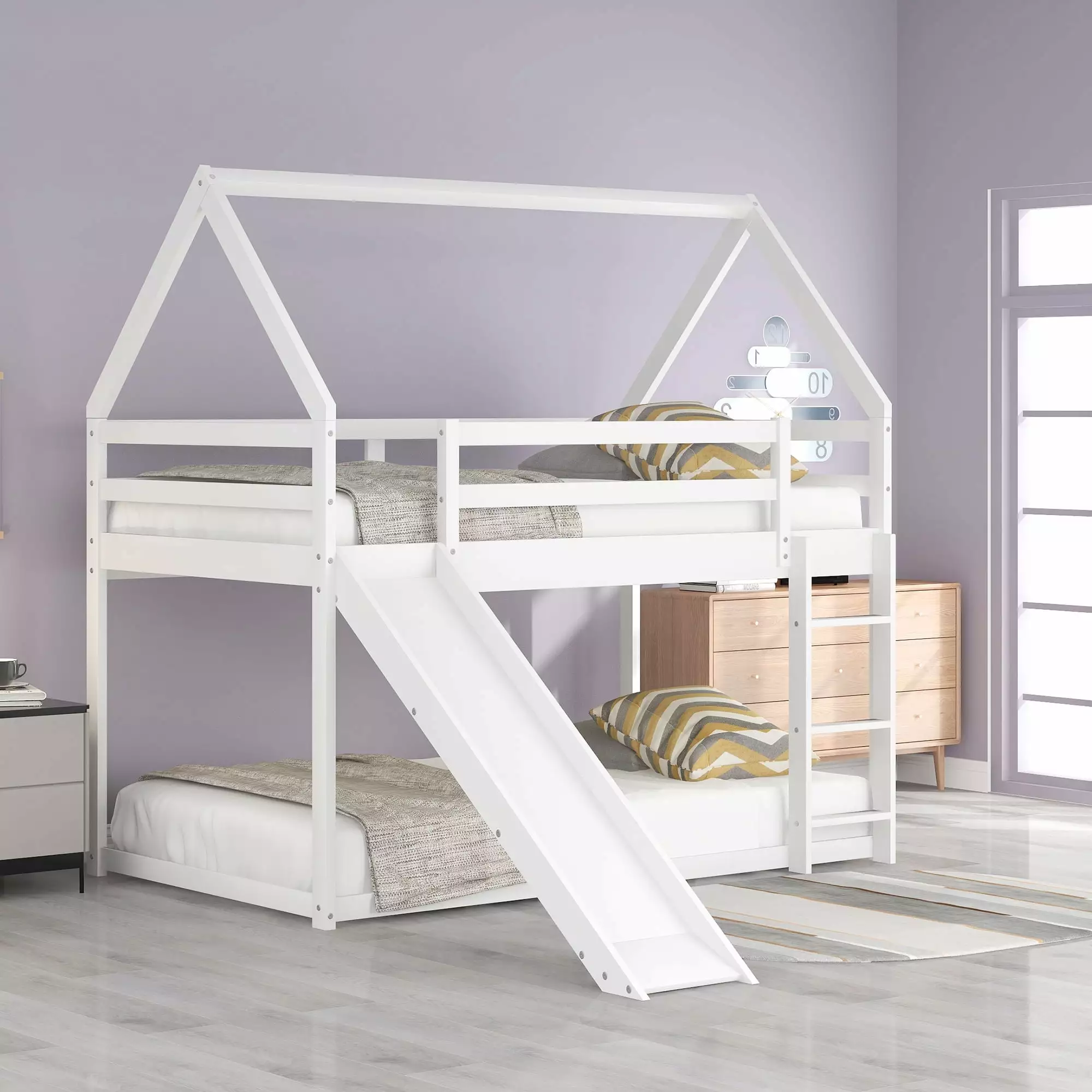 Homata Twin Loft Bed Slide Wooden Bed Frame Kids Teens Low Loft Bed Ladder and Guard Rails White