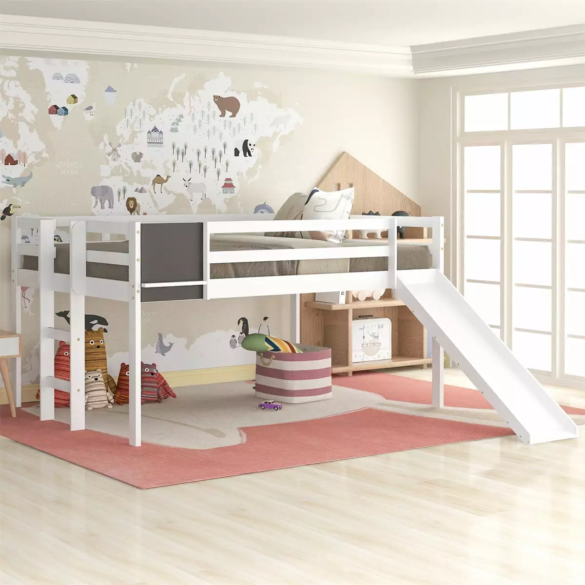 Solid Wood Loft Bed Slide Full Loft Bed Stair and Chalkboard White JINS & VICO