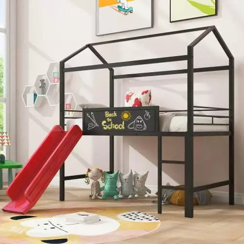 Twin Loft Bed Slide Kids Teens Metal Bed Slide and Roof and Guard Rail Black and Red Triple Tree