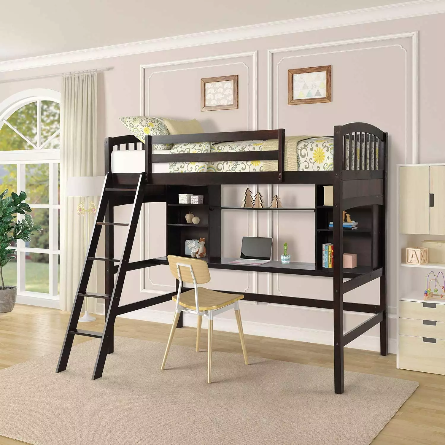 Churanty Twin Loft Bed Storage Shelves Desk Ladder Espresso Wood Frame Kids