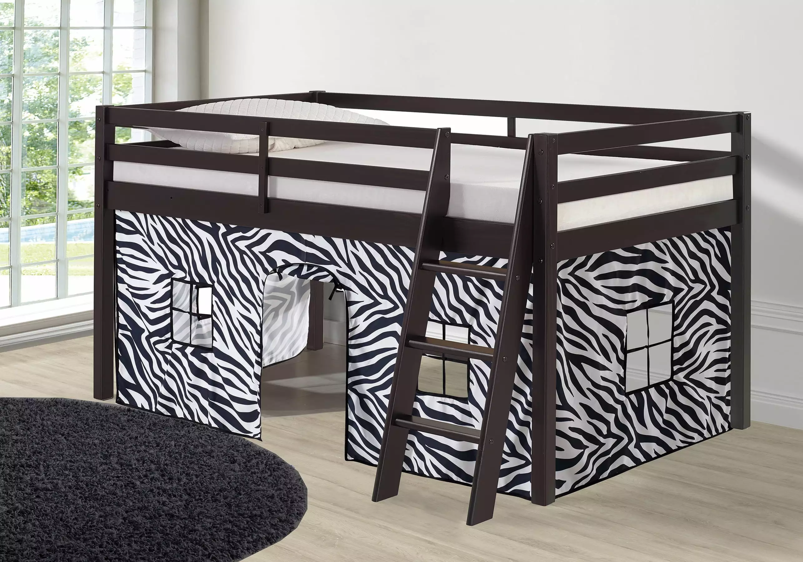 Alaterre Roxy Junior Loft Bed Espresso Zebra Bottom Tent Kids