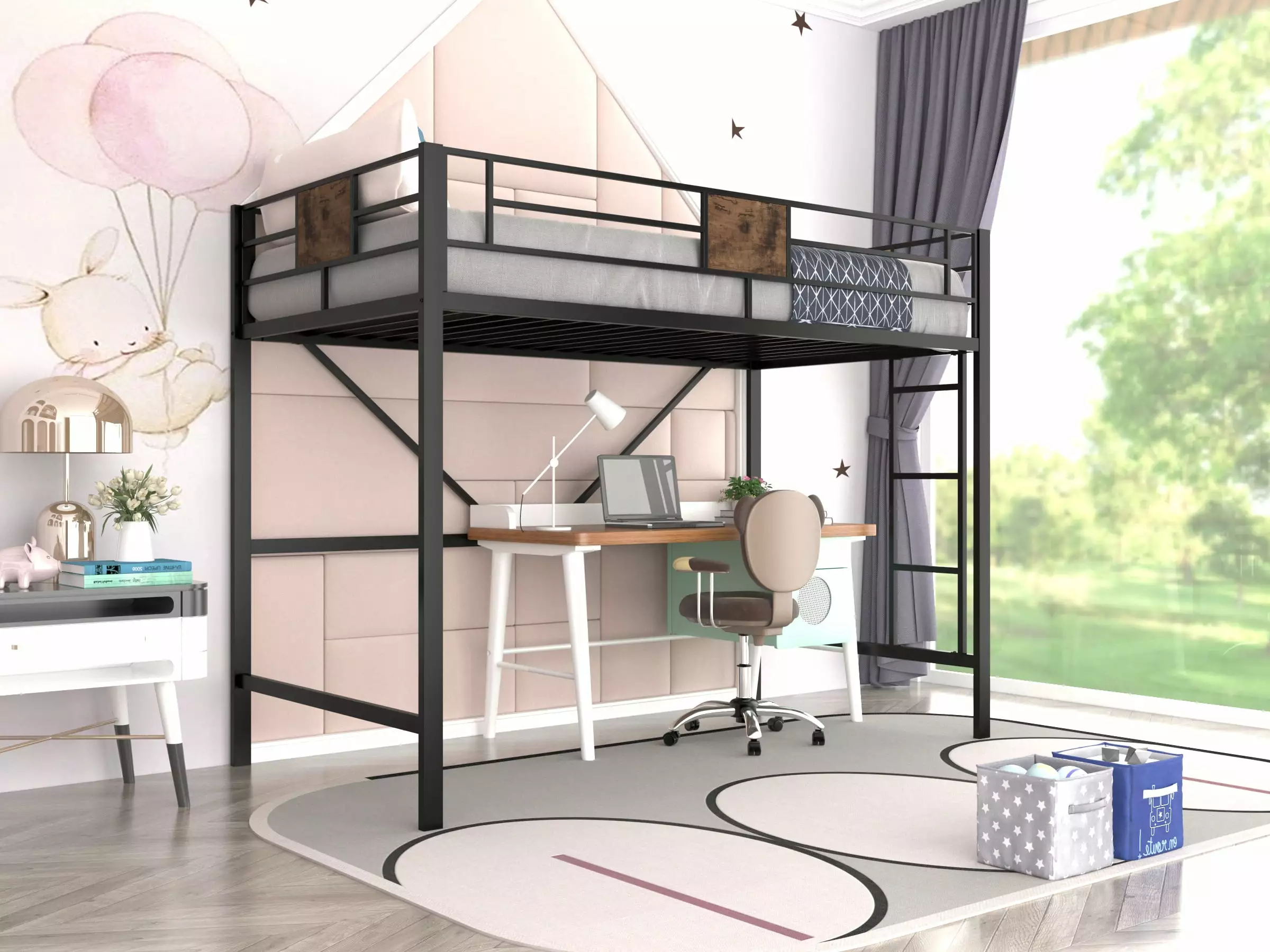 Allewie Metal Twin Size Loft Bed Frame Stairs and Full-Length Guardrail Black - Space-Saving Design