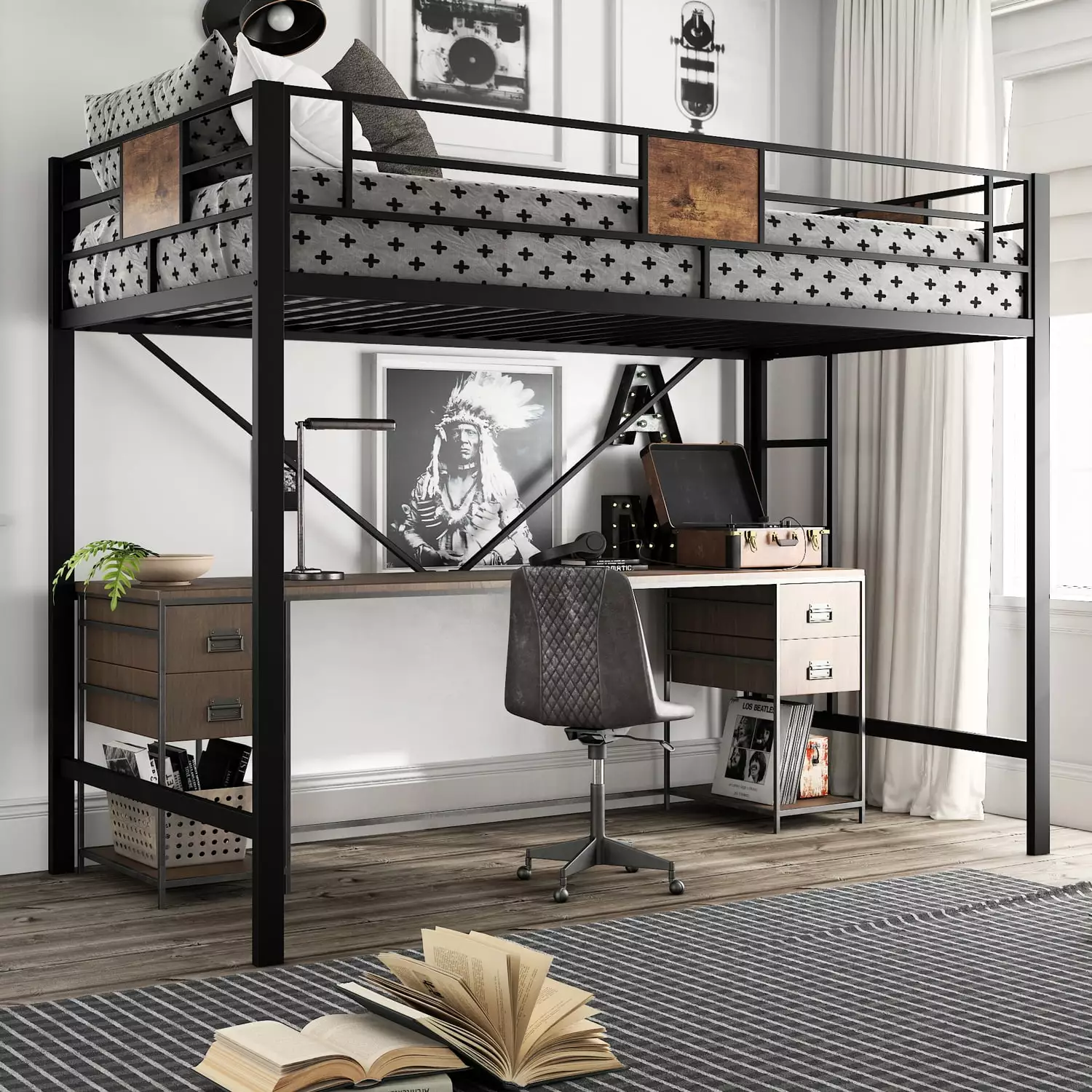 Amolife Metal Twin Size Loft Bed Frame Stairs Full-Length Guardrail Rustic Wood Black