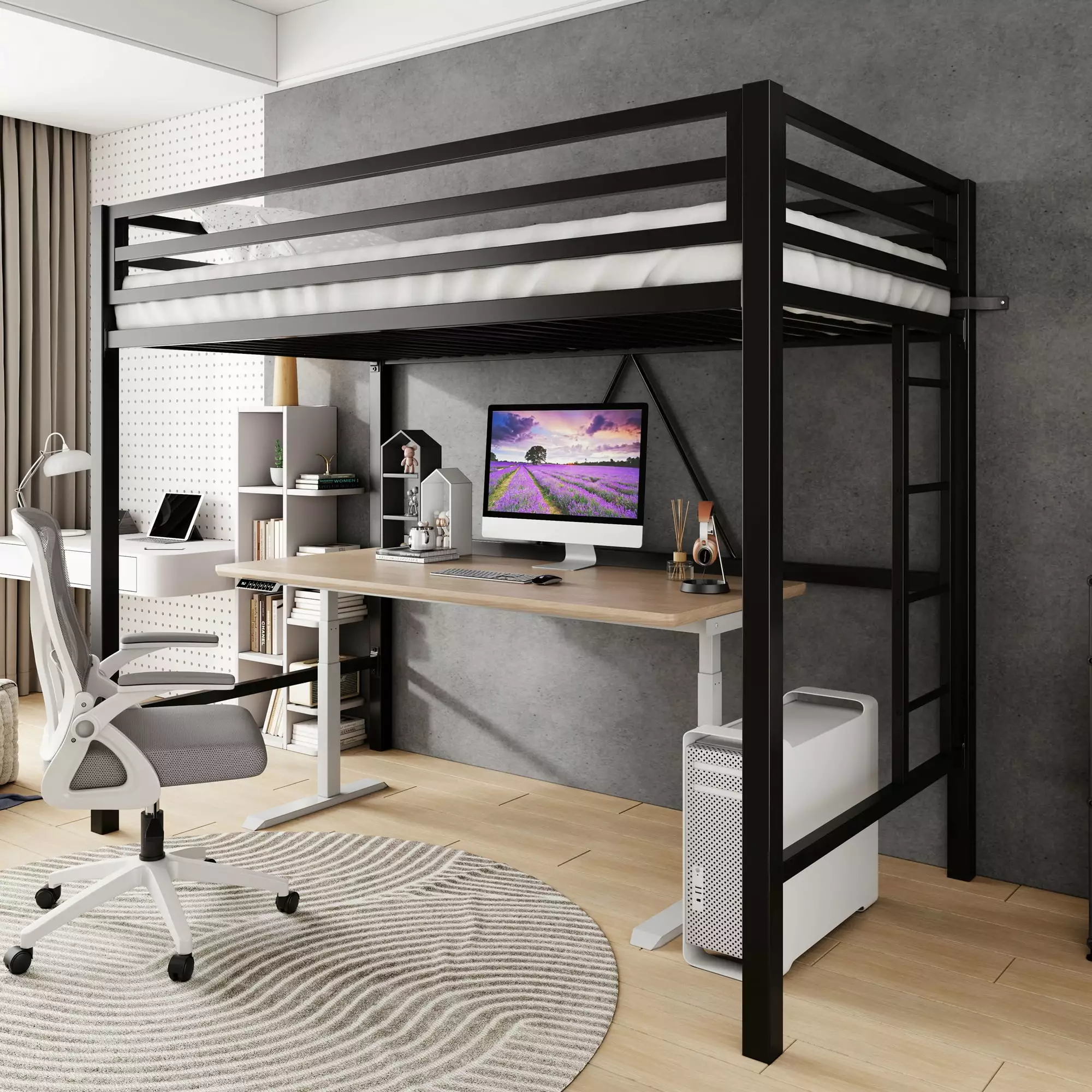 Amolife Twin Size Heavy Duty Metal Loft Bed Removable Ladder Full-Length Guardrail Black
