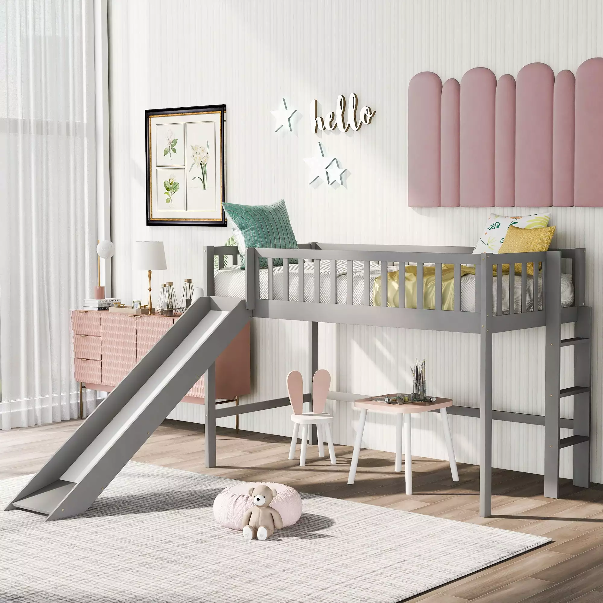Twin Loft Bed Slide Wooden Bunk Bed Ladders and Full Guardrail Kids Anwick