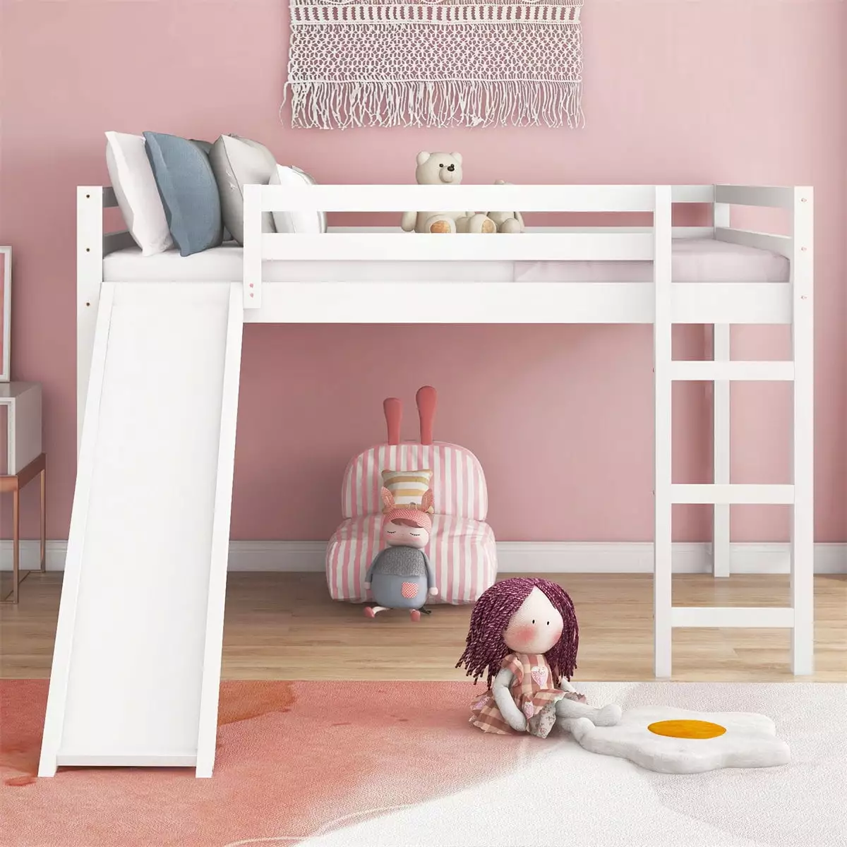 ARCTICSCORPION Full Size Loft Bed Slide Kids Teens - White Wood Low Bed Frame Ladder and Guardrails