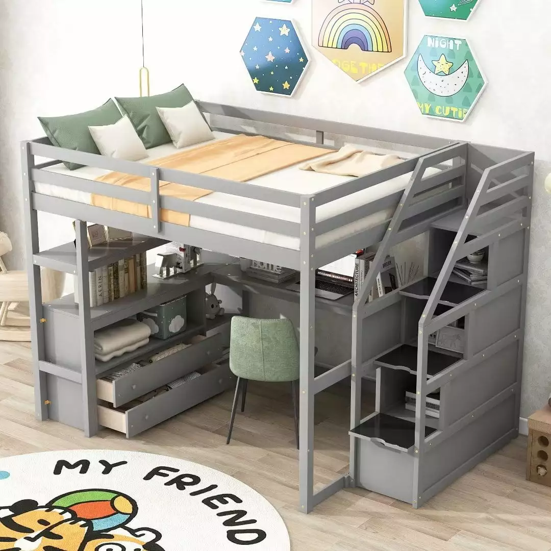 Full Size Loft Bed Storage Staircase and Desk Wood Loft Bed Storage Shelves and 2 Built- Drawers Full Loft Bed Step Bedroo...