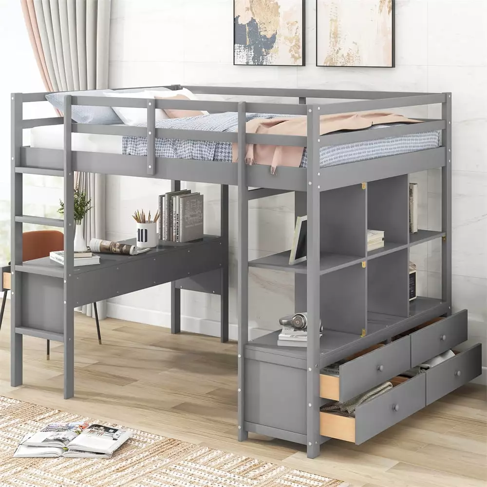 Loft Bed Desk 6 Drawers and Storage Shelves Solid Wood Full Size Loft Bed Frame Full-Length Guardrails and Ladder Gray ARC...