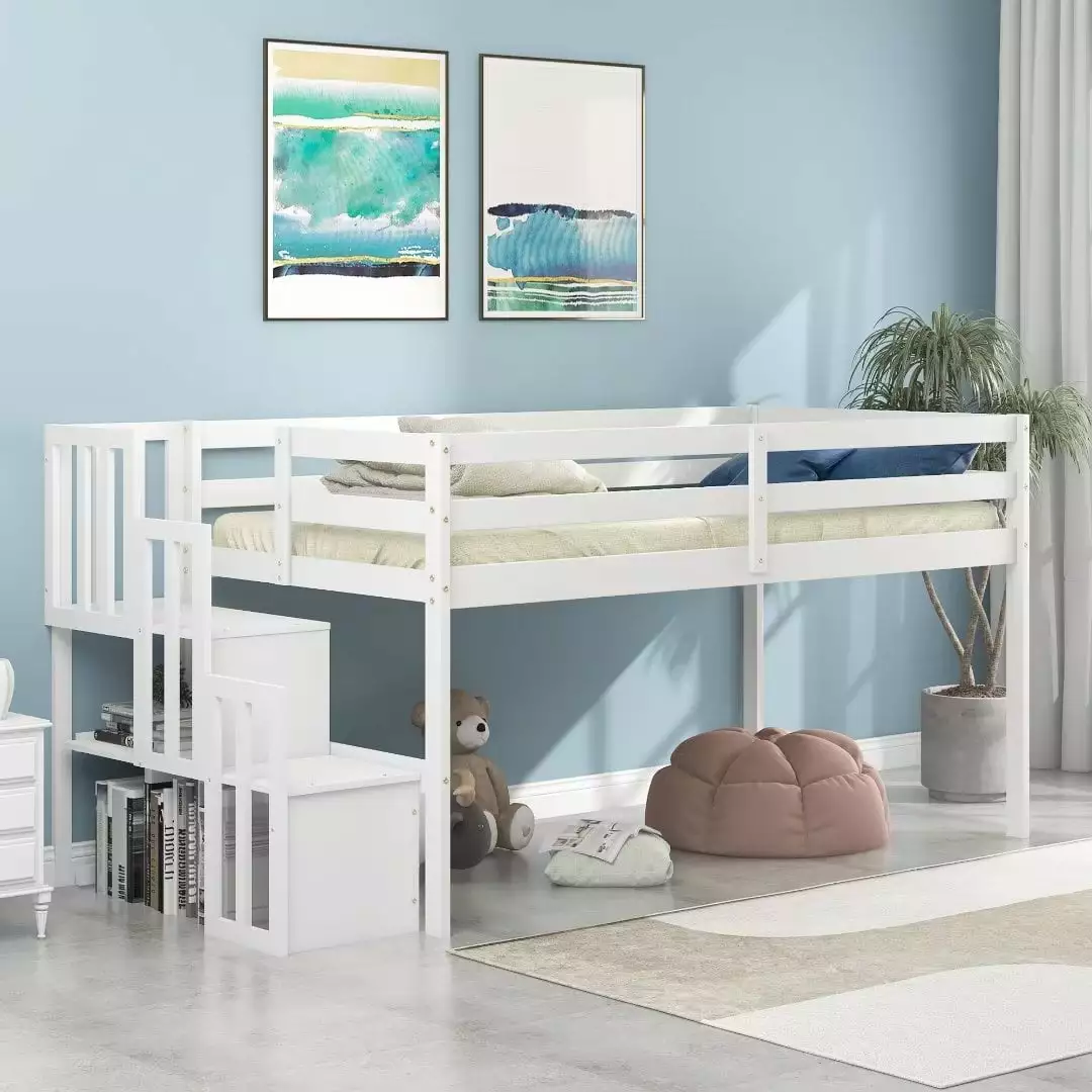 Low Loft Bed Storage Solid Wood Twin Loft Bed Frame 2-Step Staircase White ARCTICSCORPION