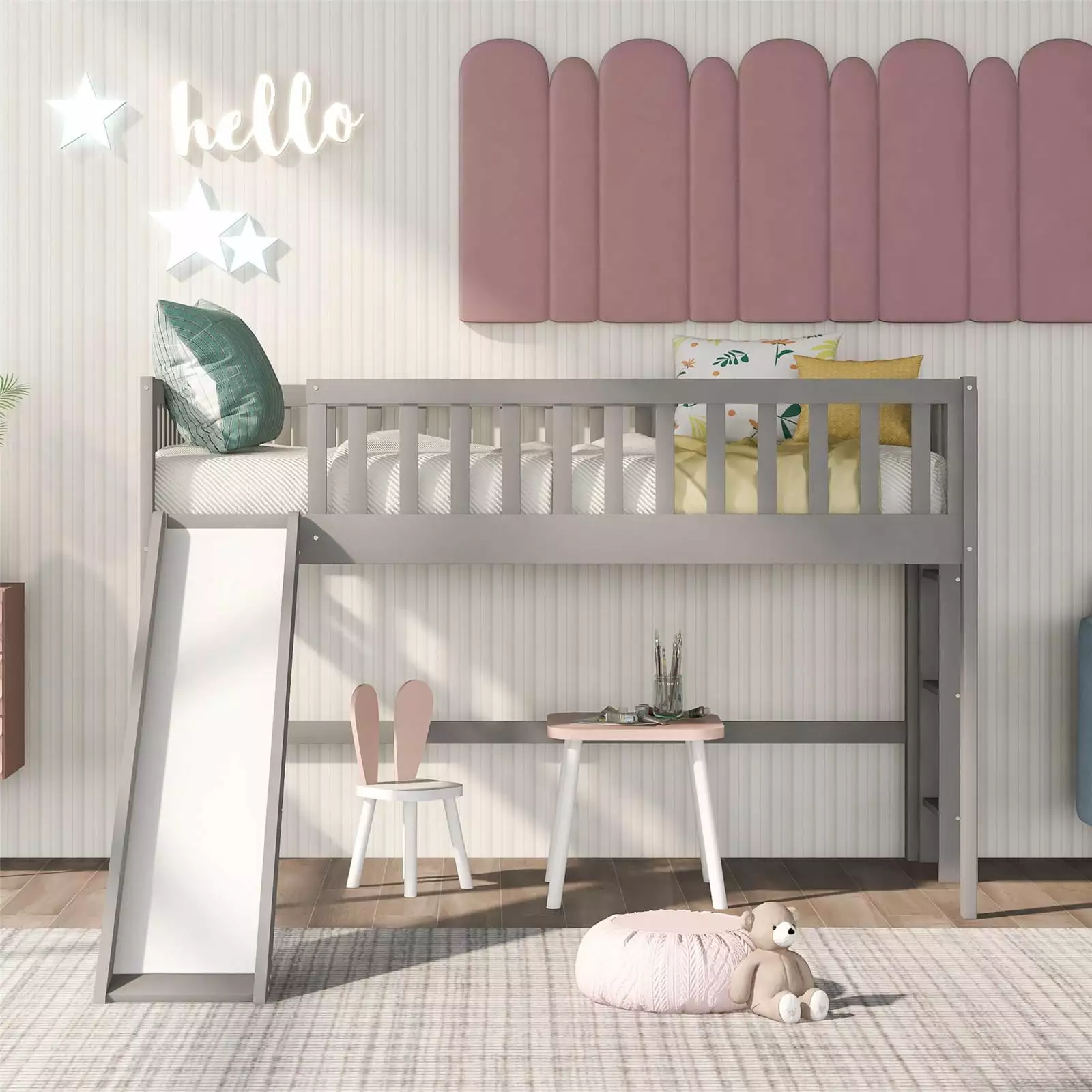 Twin Low Loft Bed Ladder and Slide Pine Wood Kids Multipurpose Use ARCTICSCORPION