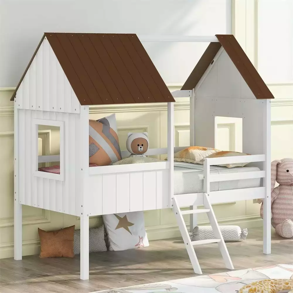 Twin Size Houtilize Loft Bed Frame Boys Girls Low Loft Bed Roof Windows Guardrail White Brown ARCTICSCORPION