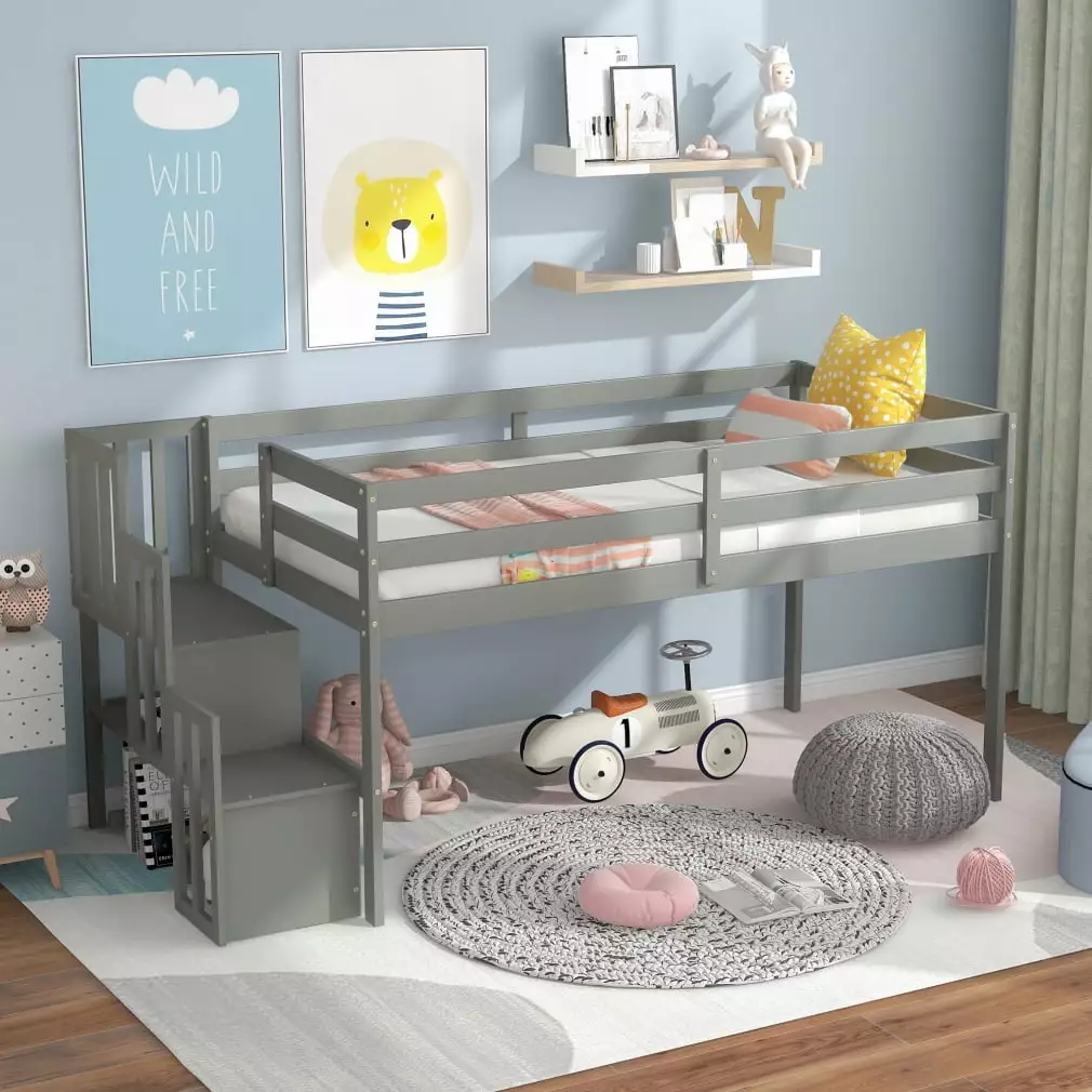 Twin Size Loft Bed Staircase Low Kids Bed Wooden Bed Frame Guardrails Gray ARCTICSCORPION