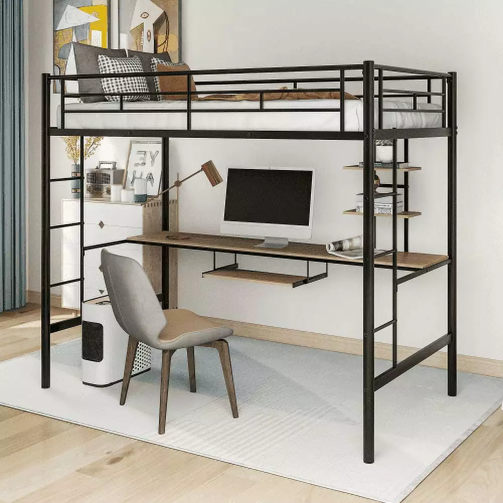 Twin Size Metal Loft Bed Frame Bilateral Ladders and Desk - Black Space-Saving Loft Bed Teens ARCTICSCORPION