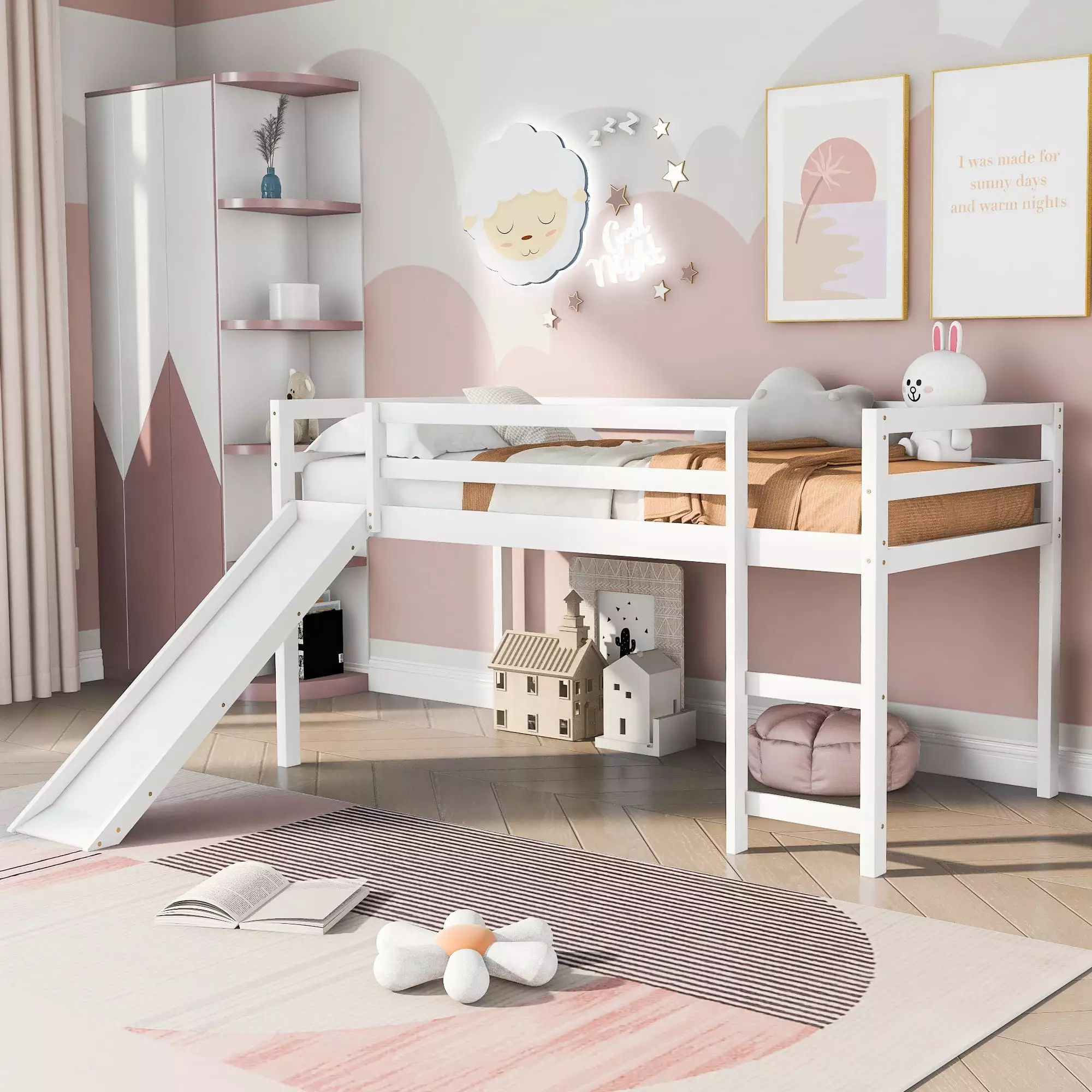 Aukfa Low Loft Bed Slide White Wooden Twin Loft Bed Kids Teens