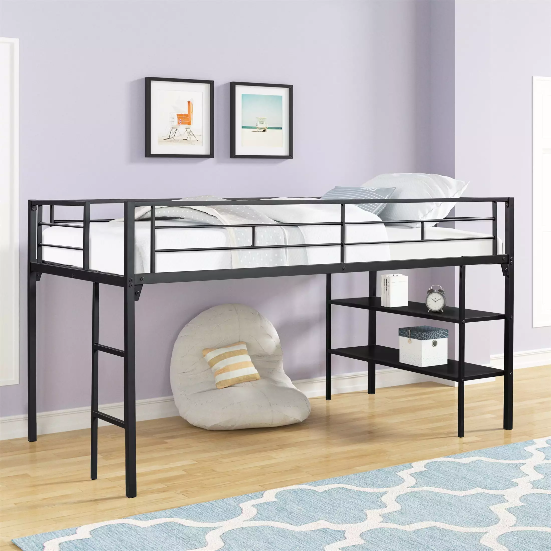 Aukfa Twin Loft Bed 2-Tier Storage Shelves Metal Low Loft Bed Kids Teens Black