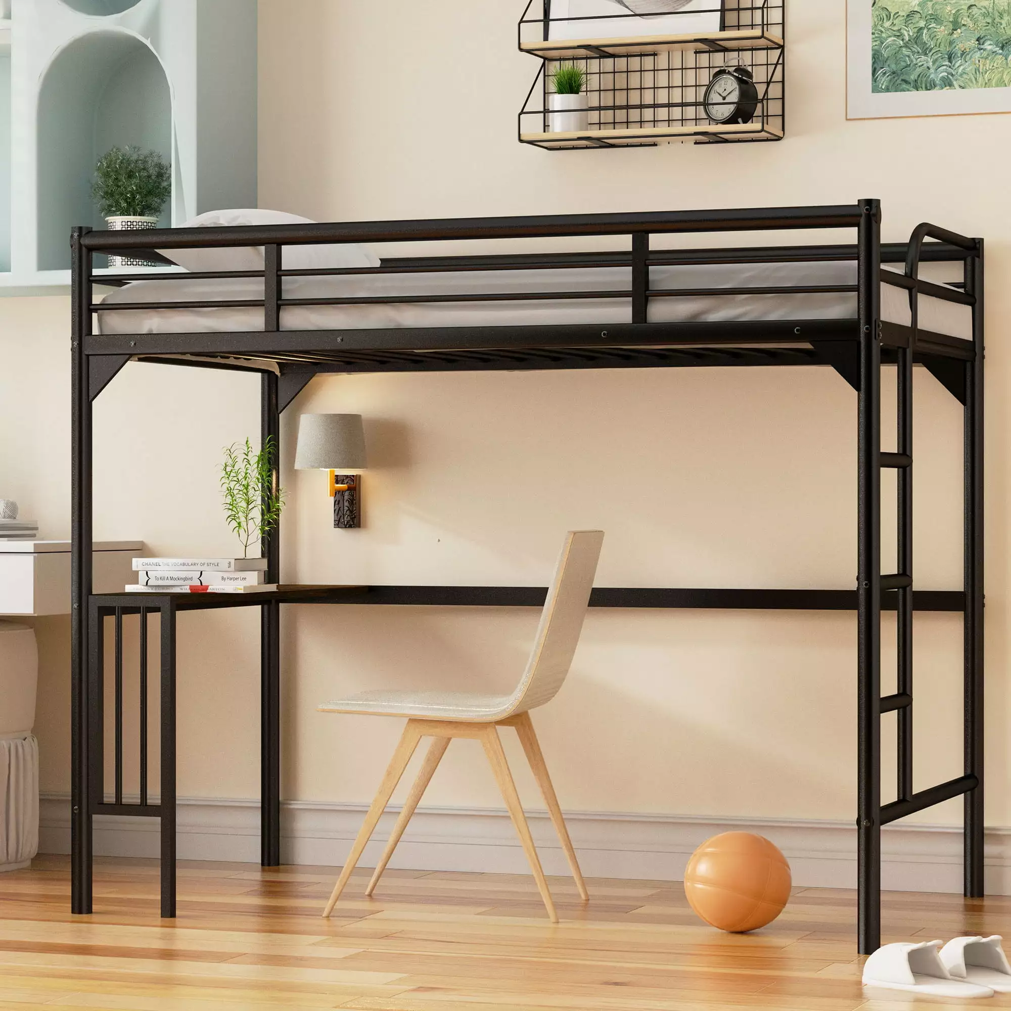 Aukfa Twin Loft Bed Desk Kids Teens Dorm Heavy Duty Metal Bed Frame Black Space Saving
